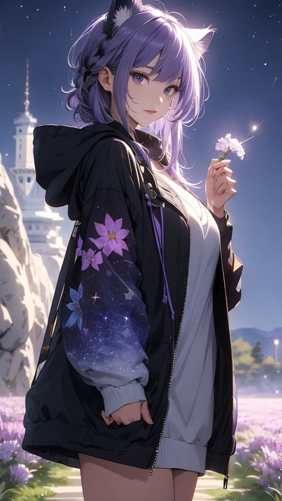 masterpiece, high quality, 4K, Beautiful design, silhouette,Light purple hair, 非常に詳細な夜のStarry Sky,Flower Field, wonderful, Finer details, Very knowledgeable woman, Highly detailed solo, 1 female,Cat ear,Big Breasts,Hooded parka,Night view,Starry Sky,full moon,