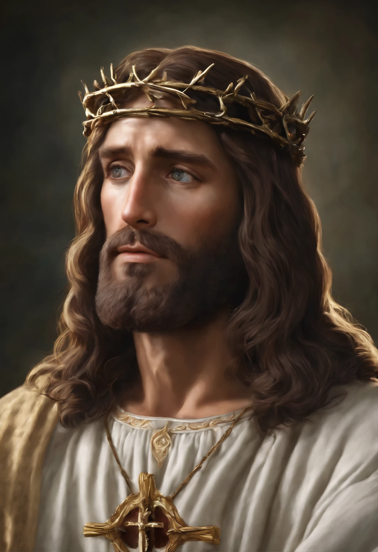 "Generate an image of Jesus in your profile, Capture in moments of deep prayer, Gently clasp your hands together,big cross."