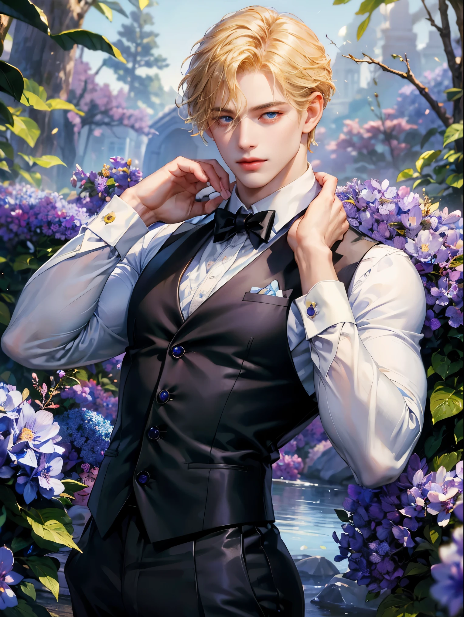 A boy, short blonde hair, wavy hair. Sky blue eyes. He wears white shirt with black vest. Handsome guy, detailed eyes, detailed face, detailed hands, he looks at the viewer. Full figure. Background a forest, he is wrapped in amethyst flowers