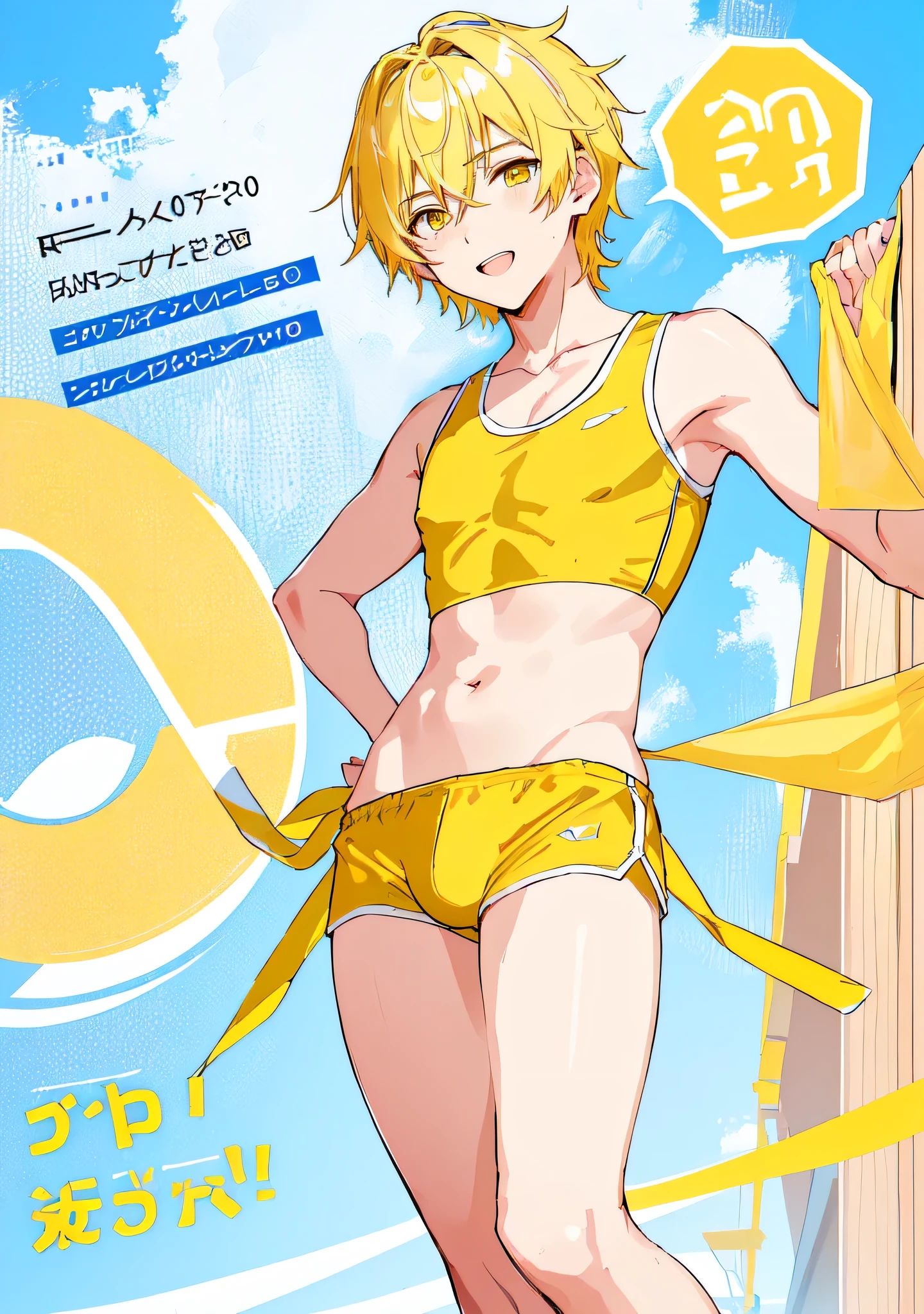 Cartoon drawing of a man wearing a sports bra、solo、short blonde boy、Yellow eyed boy、Naughty anime style、Yellow Sports Bra、Yellow panties、( ( Stop 4 # ) )、Cool Boy、Toned body、sports bra with an yellow、panty with an yellow、Naughty、Naughty style、A boy is standing、Color manga scan、whole body、looking at viewer、Cowboy Shot、High quality color sketches、sports bra and panty only、Color cartoon art、Tall men、perfect body、perfect handale body:1.3)、