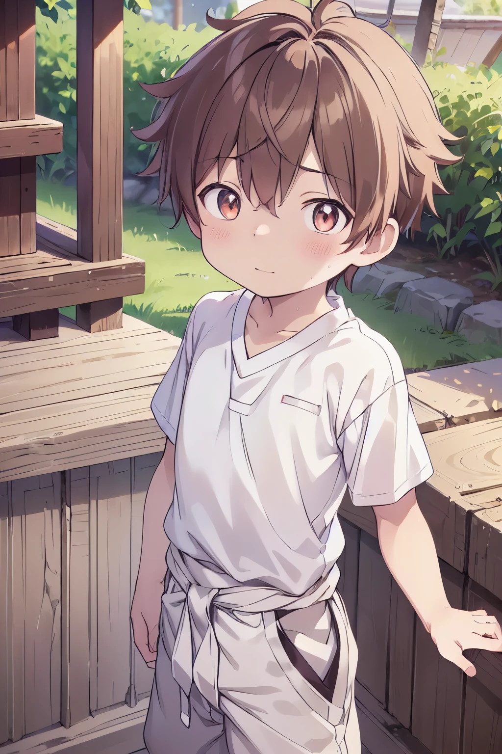 1boy, aoi, masterpiece, ultra detail, male focus, soccer shirt, adorable captivating, light brown hair , red eyes , white albine skin, japanese style, steam smork, japan style, anime coloring, shy, home muji style, detailed face, white towel on waist,white silk, outdoor, sweat, 