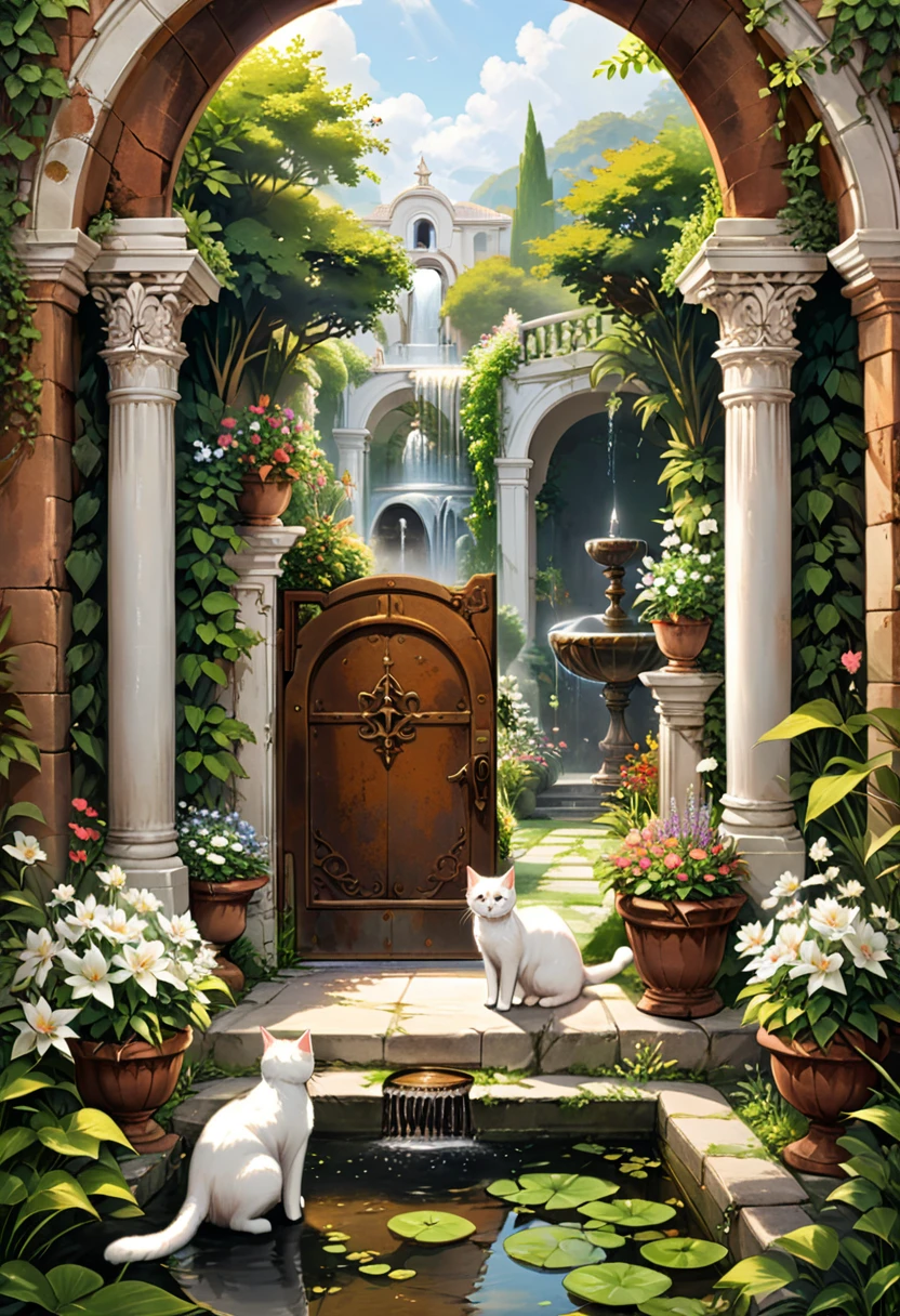 girl pushed open a rusty iron door and walked into a forgotten garden. A white cat led her through the flowers to a fountain, where they enjoyed the tranquility and beauty together, (masterpiece, best quality, Professional, perfect composition, very aesthetic, absurdres, ultra-detailed, intricate details:1.3)