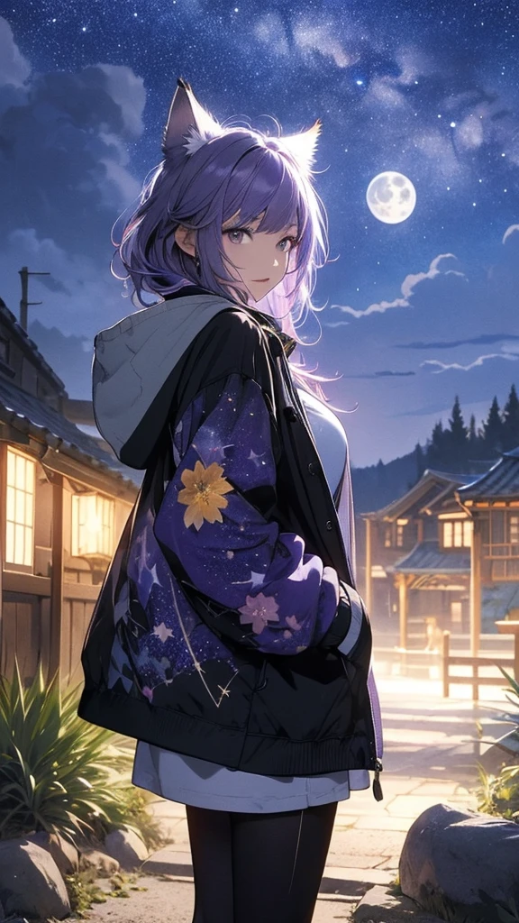 masterpiece, high quality, 4K, Beautiful design, silhouette,Light purple hair, 非常に詳細な夜のStarry Sky,Flower Field, wonderful, Finer details, Very knowledgeable woman, Highly detailed solo, 1 female,Cat ear,Big Breasts,Hooded parka,Night view,Starry Sky,full moon,