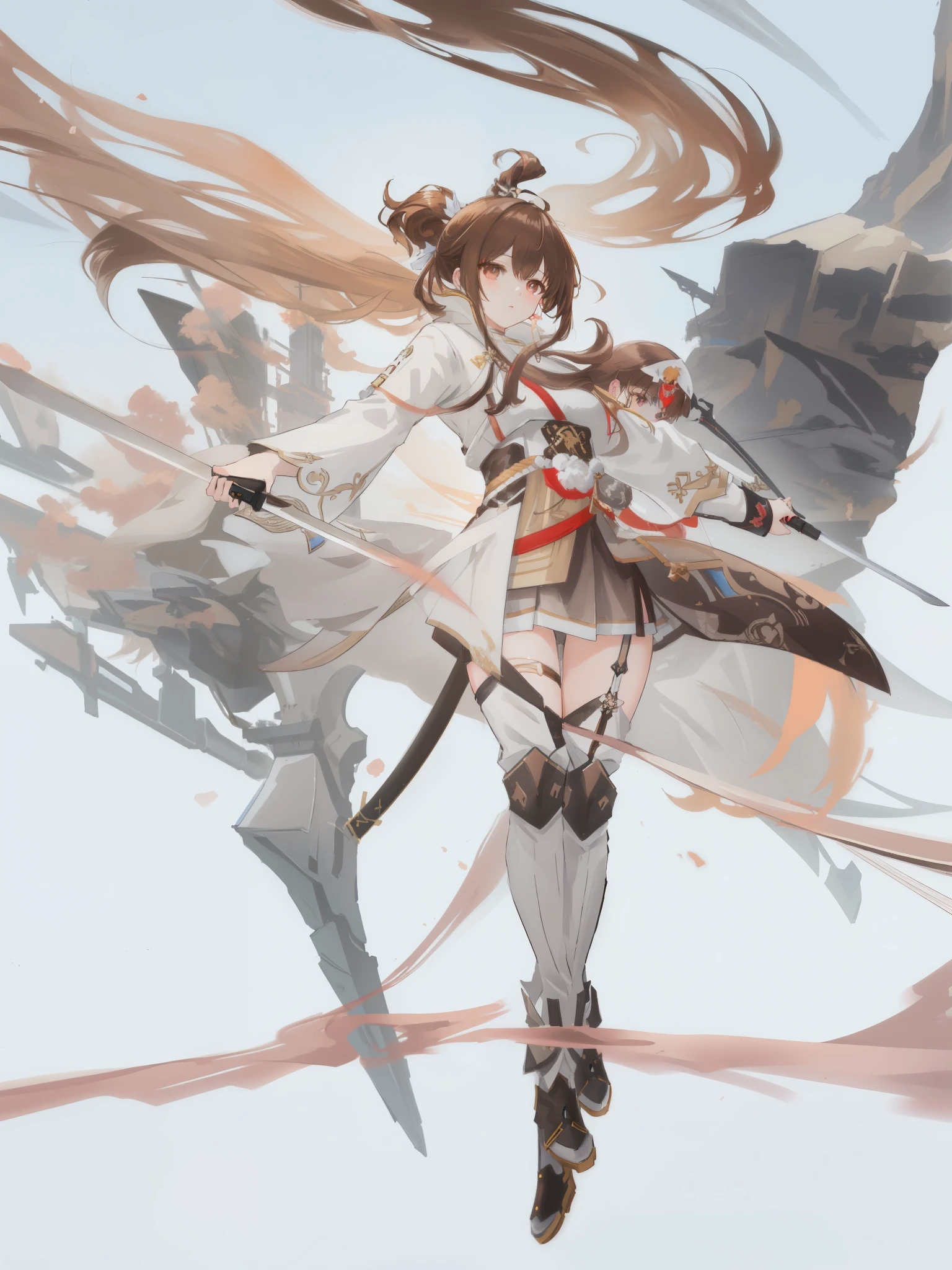(brown hair swept bangs:1.3), anime girl with long hair and sword in a white dress, guweiz, artwork in the style of guweiz, guweiz on pixiv artstation, guweiz on artstation pixiv, by Shitao, 2. 5 d cgi anime fantasy artwork, anime fantasy illustration, ayaka genshin impact, by Yang J, from arknights