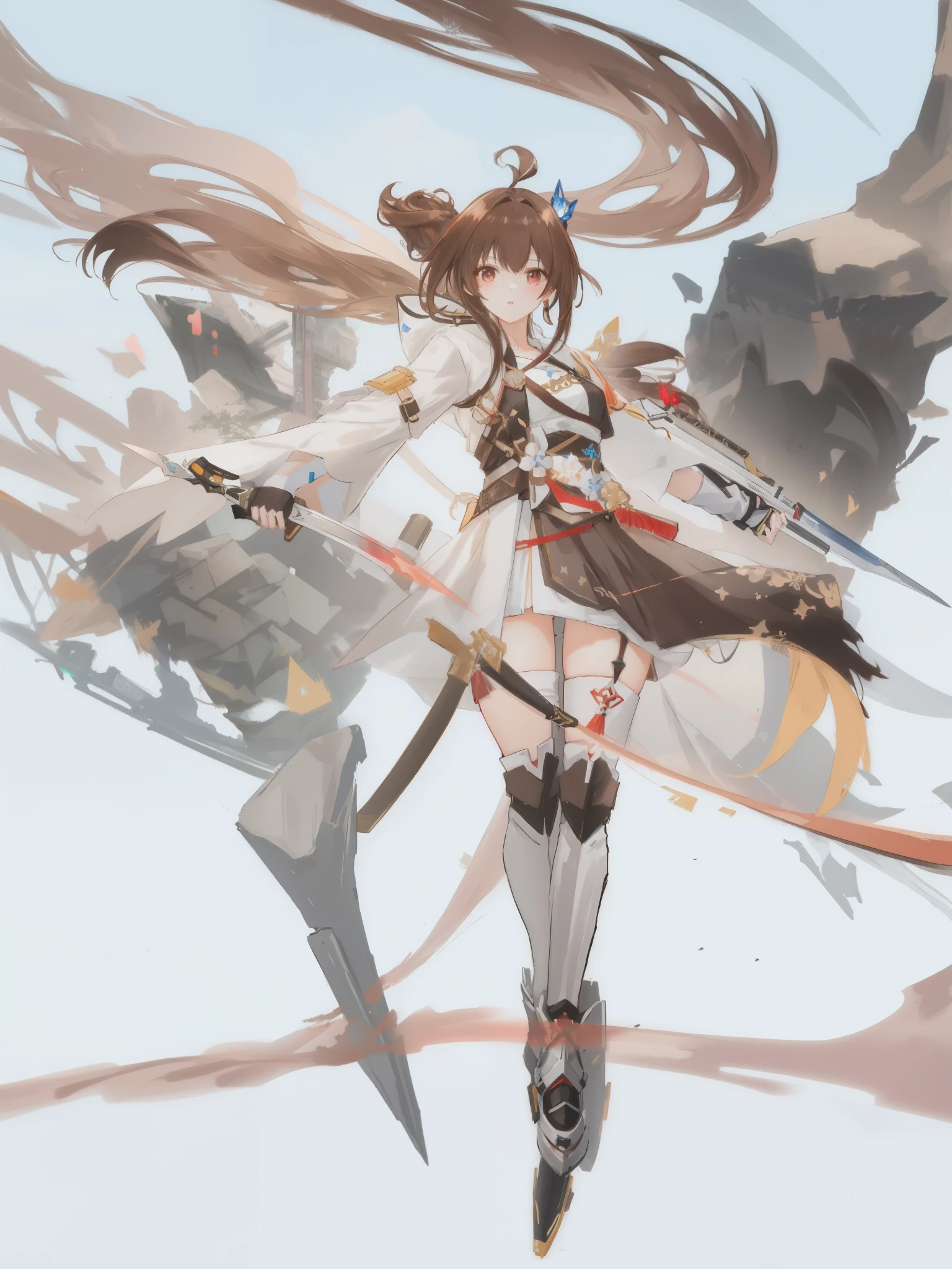 (brown hair swept bangs:1.3), anime girl with long hair and sword in a white dress, guweiz, artwork in the style of guweiz, guweiz on pixiv artstation, guweiz on artstation pixiv, by Shitao, 2. 5 d cgi anime fantasy artwork, anime fantasy illustration, ayaka genshin impact, by Yang J, from arknights