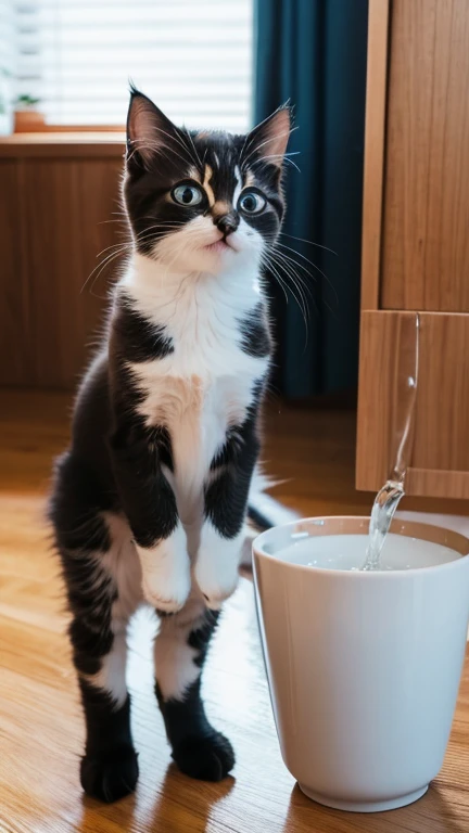 A little cute kitten stands up and puts his mouth to a water bowl tank to drink water,