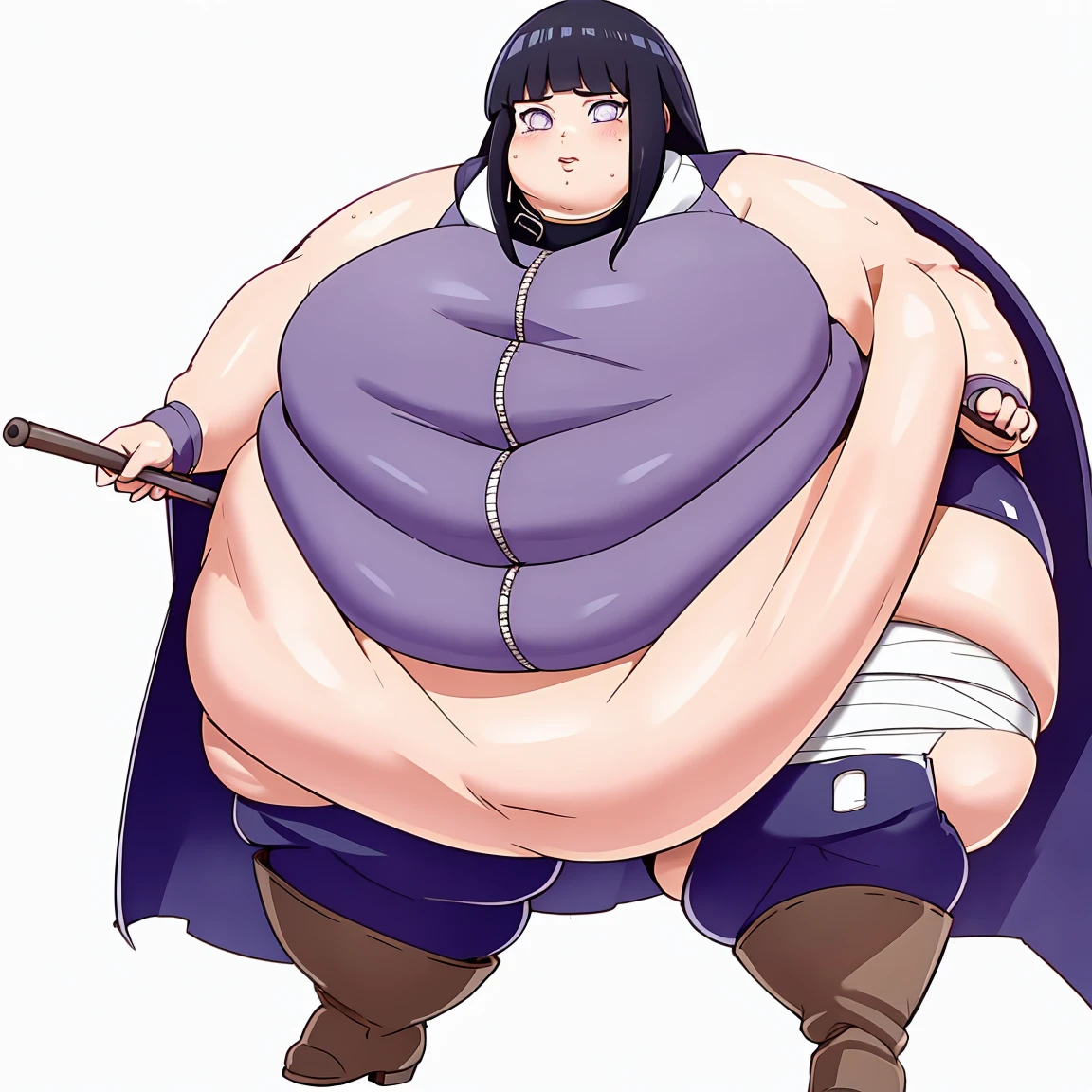 masterpiece,best quality,extreme detail, 8k,white background,obese hinata, obese 1girl,solo,long hair,looking at viewer,simple background,black hair, thighhighs, white background, standing, purple eyes,==boots,bandages,knee boots,toeless footwear, obese body, cowboy_shot, middle_body,large breats, wide hips, ultra detailed, perfect eyes, slob body