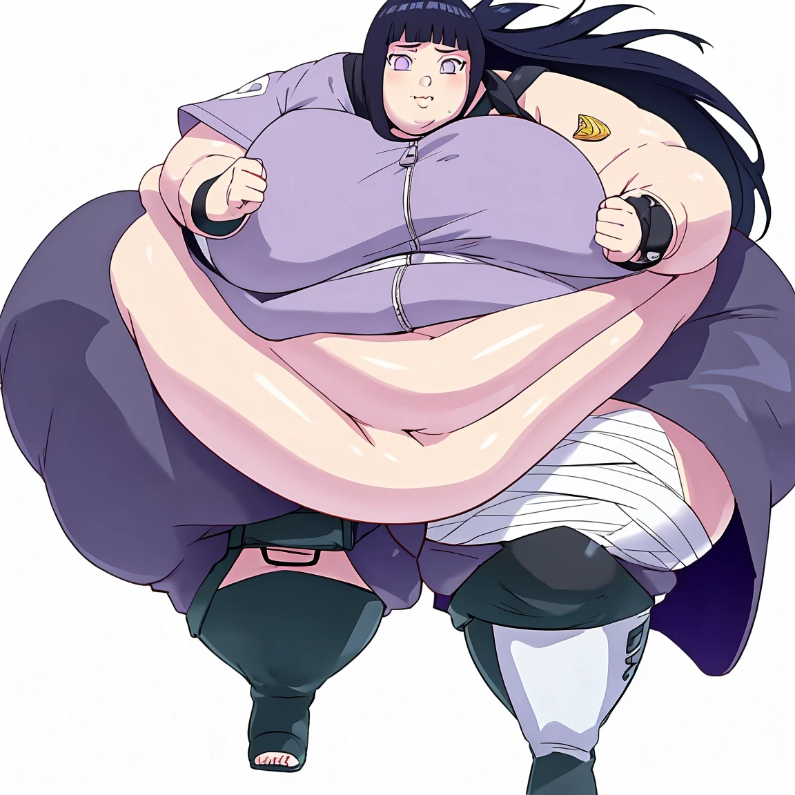 masterpiece,best quality,extreme detail, 8k,white background,obese hinata, obese 1girl,solo,long hair,looking at viewer,simple background,black hair, thighhighs, white background, standing, purple eyes,==boots,bandages,knee boots,toeless footwear, obese body, cowboy_shot, middle_body,large breats, wide hips, ultra detailed, perfect eyes, slob body