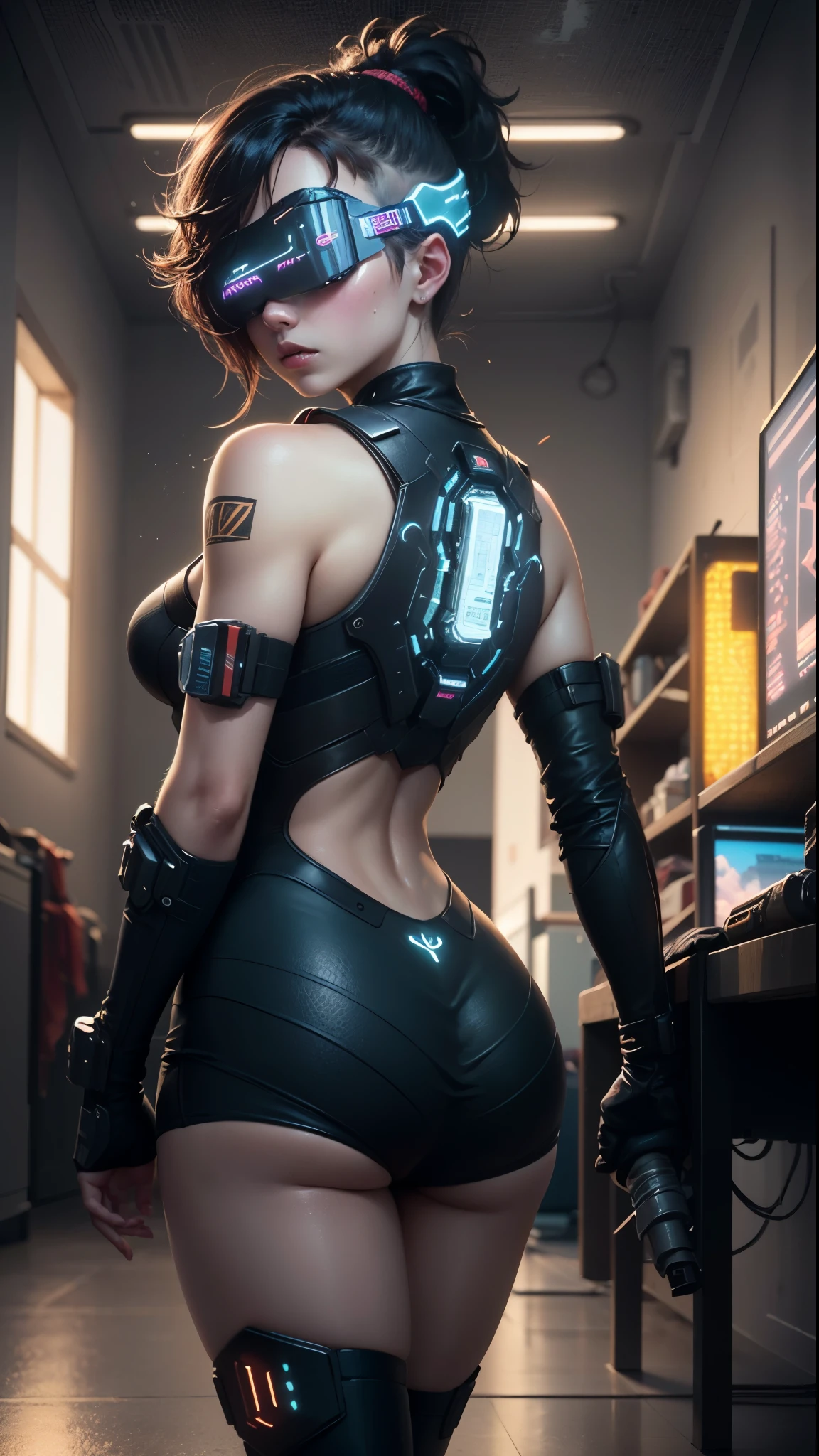 ((Best Quality)), ((Masterpiece)), (Very detailed:1.3), 3D, Beautiful (Cyberpunk:1.3) Female hacker, Mohican hairstyle, back to viewer, thick hair, operating computer terminal, head-mounted display, computer server, LCD screen, fiber optic cable, company logo, HDR (high dynamic range), ray tracing, nvidia RTX, super resolution, Unreal 5, subsurface scattering, PBR texture, post-processing, anisotropic filtering, depth of field, Maximum sharpness and sharpness, multi-layered textures, albedo and highlight maps, surface shading, accurate simulation of light-material interactions, perfect ratios, octane rendering, duotone lighting, low ISO, white balance, rule of thirds, wide aperture, 8K RAW, efficient sub-pixels, subpixel convolution, luminous particles, dynamic pose