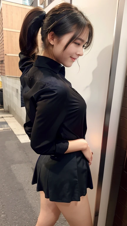 company employee、(Body turned to the side、Shooting from the side、Looking to the side,Shooting from the side:1.6),Not looking here、(General shirt、Wearing a white blouse、Wearing a typical business suit),(The gap in her blouse is slightly open,Only the fourth button is open、The button is closed、I can see my breasts through the gap in my shirt、The edge of her bra is visible through the gap in her shirt.:1.5),Mid-chest、slender、ponytail、Black Hair、Beauty、23 years old、cute、smile、(Long shirt:1.8),Tuck the shirt into the skirt、Cleavage、see-through bra、(Short skirt、mini skirt、Fluffy skirt:1.3),Shooting from a distance、Photograph the whole body、Wearing high heels、black eye、(Bra is visible、I can see her panties)