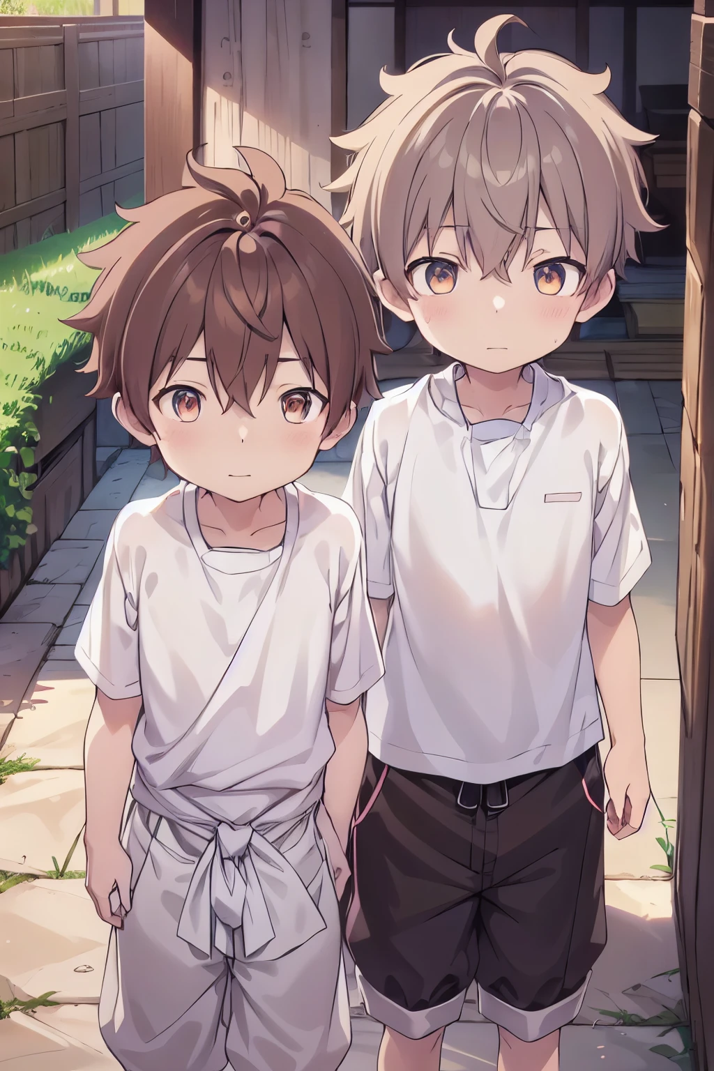 2boys, aoi, masterpiece, ultra detail, male focus, soccer shirt, adorable captivating, light brown hair , red eyes , white albine skin, japanese style, steam smork, japan style, anime coloring, shy, home muji style, detailed face, white towel on waist,white silk, outdoor, sweat, 