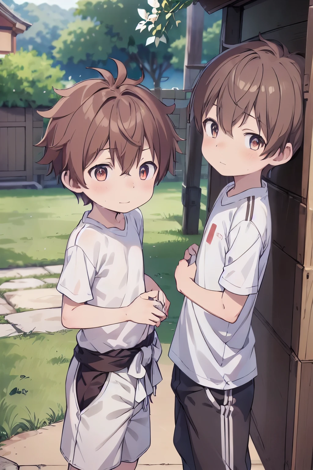 2boys, aoi, masterpiece, ultra detail, male focus, soccer shirt, adorable captivating, light brown hair , red eyes , white albine skin, japanese style, steam smork, japan style, anime coloring, shy, home muji style, detailed face, white towel on waist,white silk, outdoor, sweat, 