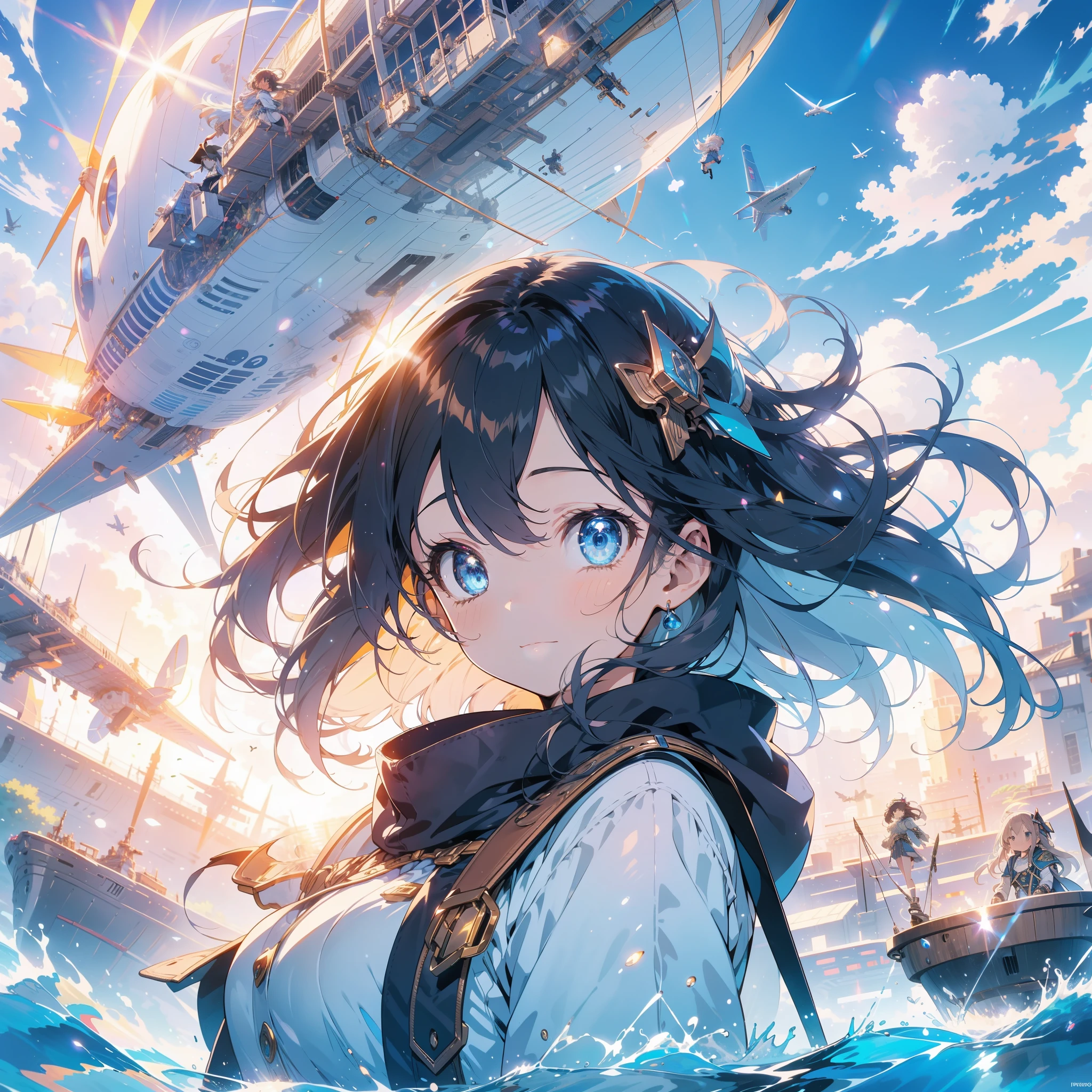 anime,depth of field, cinematic lighting, lens flare, f/1.2,(masterpiece:1.2),(high definition),summer、blue sky,(１People Girls)、(An airship taking off behind)、(Propeller-driven airship),Medieval fantasy worldview、Ultra-detailed、Girl facing the front