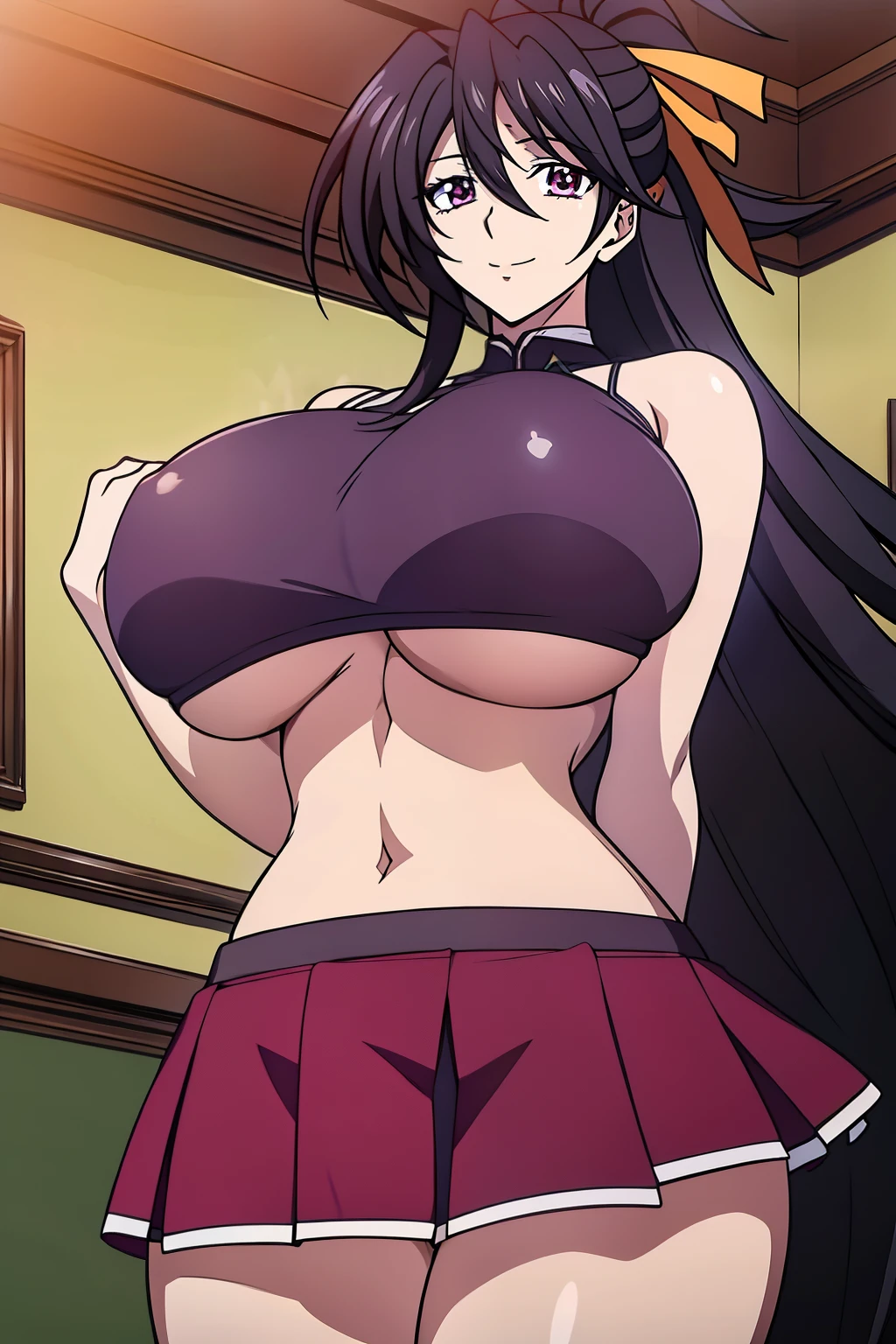 An anime-style artwork depicting akeno himejima from the anime from the anime High School DxD
Tags: akeno himejima from the anime High School DxD, , miniskirt, (black crop top:1.1), (black hair:1.1), purple eyes, looking at viewer, long hair , anime, detailed eyes, detailed lips, ass, 1girl, solo, huge breasts, smiling expression, intense gaze, dynamic pose, indoor, palace, vibrant colors, digital art, high-resolution, professional quality, gigantic breasts, (underboob : 1.4)), curvy, cowboy shot, (gigantic breasts: 1.4),