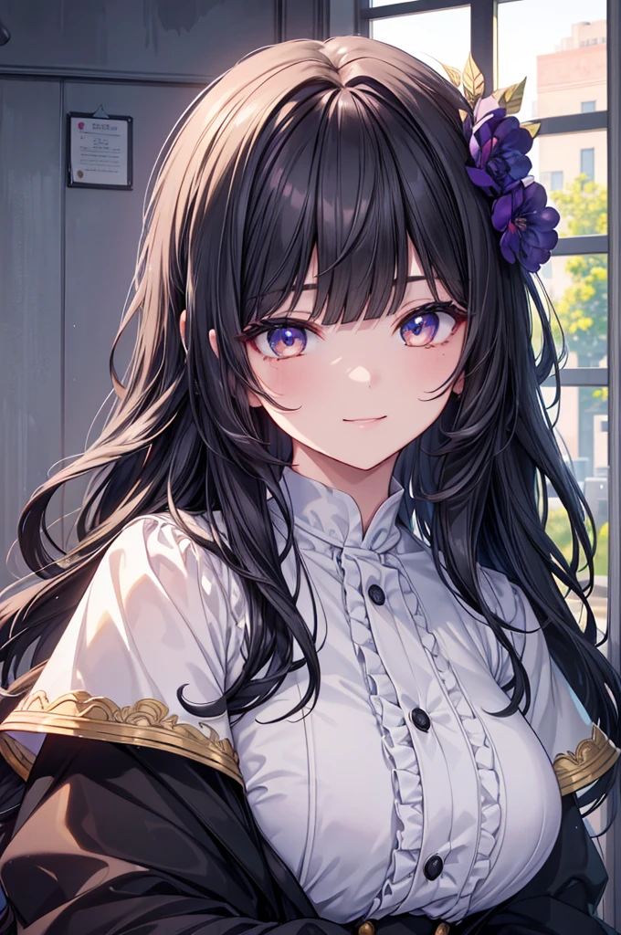 (​masterpiece),(top-quality),(ultra-detailliert),hight resolution,in 8K animation,1girl,black hair,wavy hair,(round eyes),blunt bangs,kind smile,[violet eyes:(gold eyes):0.55],(beautifull detailed face),(beatiful detailed eyes)