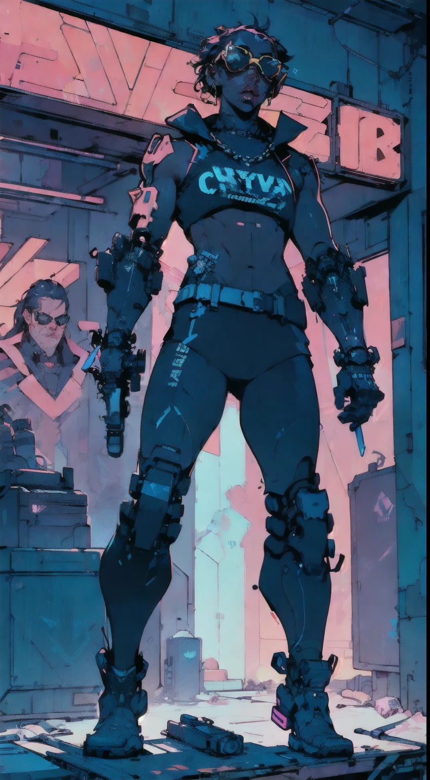 perfect proportions, anatomically correct, (head to toe: 2.0), (full body image: 2.0), solo, extremely stylized, deviant art, masterpiece, highly detailed, detailed eyes, expressive detailed eyes, detailed pupils, futuristic, ((wearing sunglasses)), ((holding a gun)), (cybernetic arms:1.4), big boots, entire body image, full body shot, professional photograph, tassles, large beads, (large tassels), cyberpunk, inkpunk, paint platter, ink splatter, (action pose:1.0), ((neon punk))