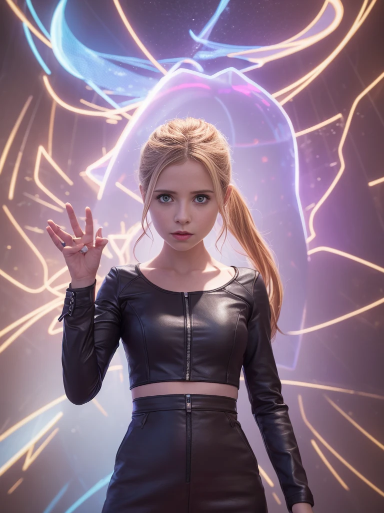Imagine a futuristic exhibition,The holographic display shows "Buffy the Vampire Slayer." Combining hyper-realistic characterization with dynamic holographic storytelling. Create photorealistic representations using advanced rendering techniques,Bridging the gap between digital interfaces and tangible holograms.