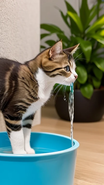 A little cute kitten stands up and puts his mouth to a water bowl tank to drink water,Side view,