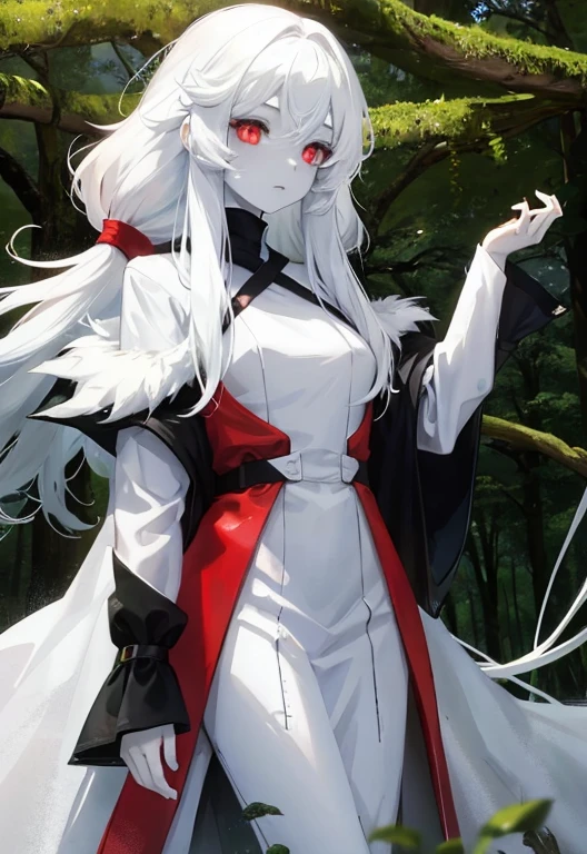Girl with long white hair, White skin, And red eyes, In the forest of light in the movie, It's dark and there's little light. She wore a white dress with gold accents., Her eyes were focused, Looking at the audience. Her skin is white, Her face is delicate and perfect, masterpiece, Top quality art. This image is an incredibly detailed 8K CG wallpaper., Featuring art film lighting, Harmonious tone and neutral filters.