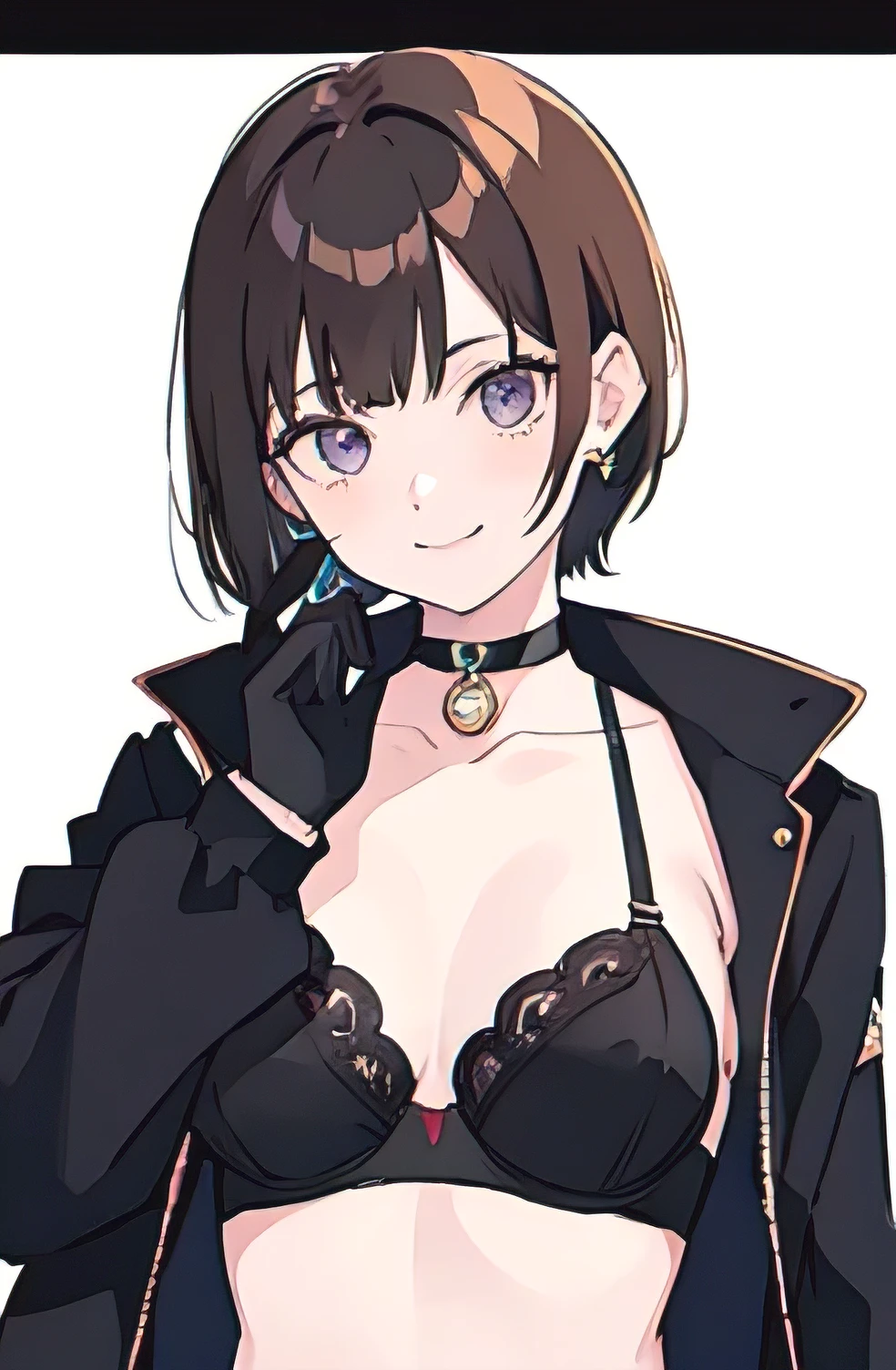 1girl, anime_coloring, black_eyes, black_gloves, brown_hair, choker, earrings, gloves, jewelry, letterboxed, parody, short_hair, smile, solo, style_parody, / photography of a 20yo woman, perfect face, masterpiece, bra, underwear, black_bra, jacket, black_panties