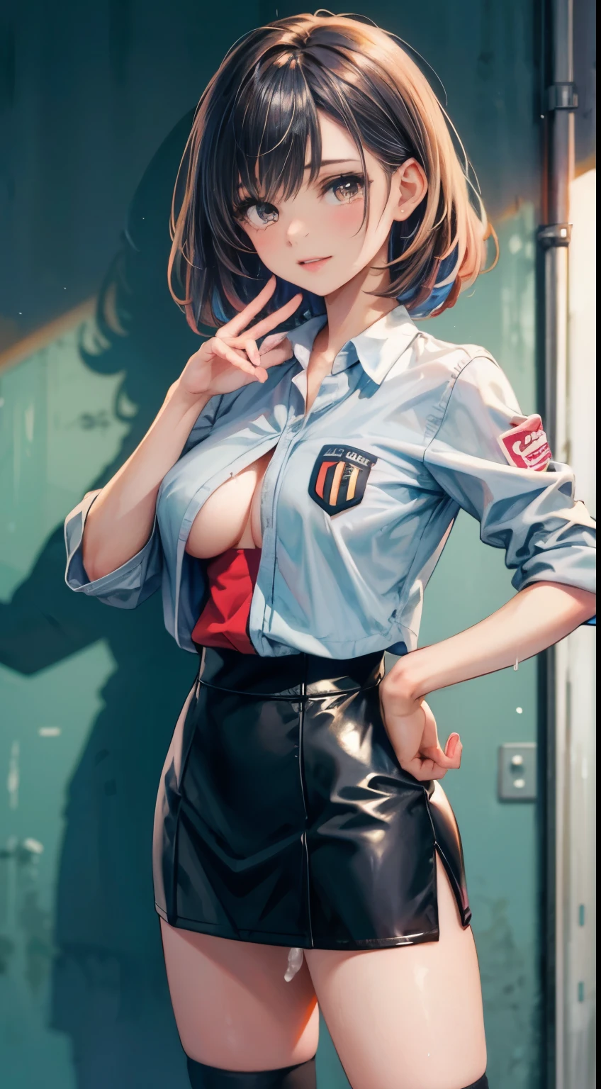 1girl huge large breasts,、((top-quality)), ((masterpiece)), 、A smile、 Pitch Resuit、Colossal tits、Puffy nipple、 knee high、Naughty face、 knee high white、Adult Woman、(cum in vaginas:1.3)、cum in mouth、( G-string to overflow:1.5)、 Sobbing tears、、 short-cut、see through White One Piece Checkered Mini Skirt、dress lift、l、Race Queen、A slender、 , masterpaintings, best qualtiy, Photorealsitic, ultra-detailliert, (shiny skins, perspired:1.4), Look at the big crowd, With short black hair, Brown-eyed,slender,dynamic light and shadow,hight resolution,Sharp Focus,depth of view,The eyes are delicate,Sharp pupils,pupil realistic,(Colossal tits),、A slender、(thick thight),outside of house,Skysky、、grid girl, underboob, wet_clothes, Wearing a grid_girl outfit with sponsor's logo printed, (standing in a motorsport racing)+,, left hand on waist