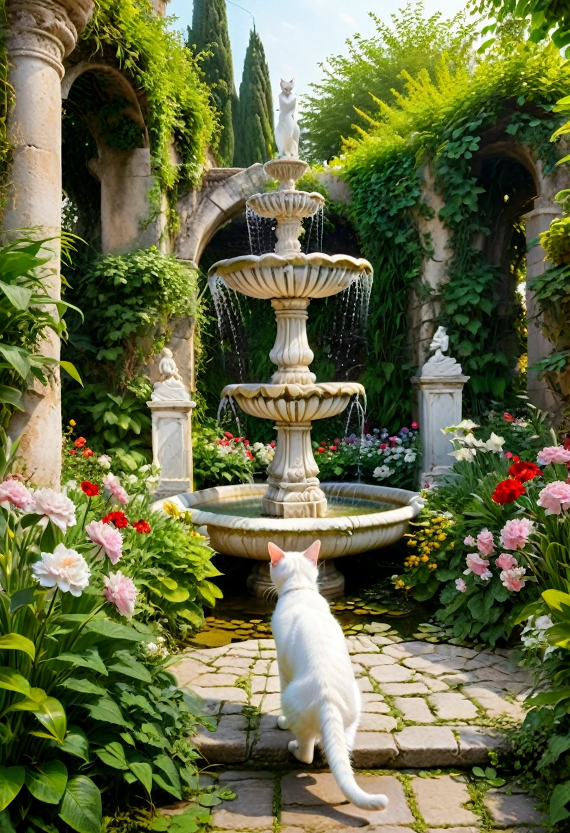 a girl walk into a forgotten garden. A white cat led her through the flowers to a fountain, where they enjoyed the tranquility and beauty together, (masterpiece, best quality, Professional, perfect composition, very aesthetic, absurdres, ultra-detailed, intricate details:1.3)