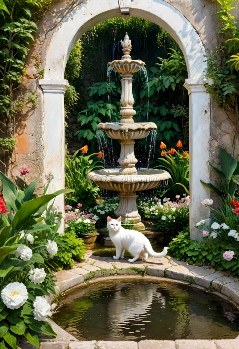 a girl walk into a forgotten garden. A white cat led her through the flowers to a fountain, where they enjoyed the tranquility and beauty together, (masterpiece, best quality, Professional, perfect composition, very aesthetic, absurdres, ultra-detailed, intricate details:1.3)