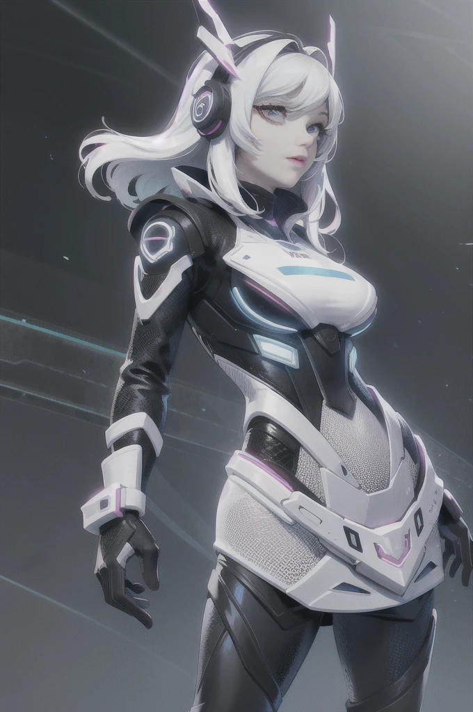 Beautiful girl full body photo Unreal Engine 5 8K UHD, white hair, Wearing a futuristic black tight combat suit, Half face cyberpunk mask, Futuristic Collar, white light details, make up, best quality, masterpiece