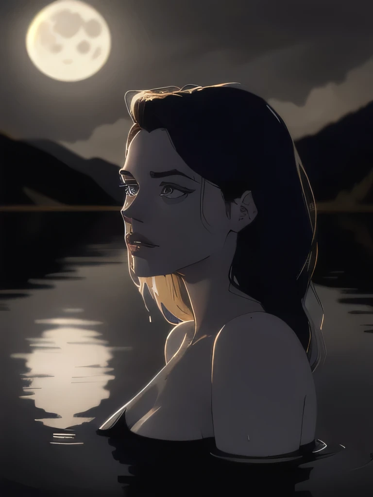 a woman standing in a lake, wet hair, submerged, soaking, moonlight reflection, silhouette, night, moonlight, beautiful detailed eyes, beautiful detailed lips, extremely detailed eyes and face, long eyelashes, 1girl, photo-realistic, highly detailed, 8k, hyperrealistic, chiaroscuro lighting, dramatic lighting, cinematic, dramatic, dark, moody, melancholic, serene, elegant, graceful