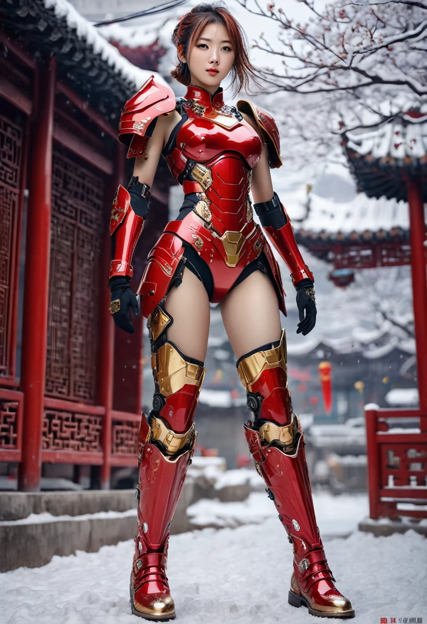 Portrait of a girl, costume semi cyborg Red combbination gold iron whole body, Mid-chest, Textured skin breasts realistic, thight Texture realistic, Boots Iron Shoes, Chinese, Typing art background, Reality主义风格, Reality, photo, Texture,Skin streaks,whole body,Snow Scene,