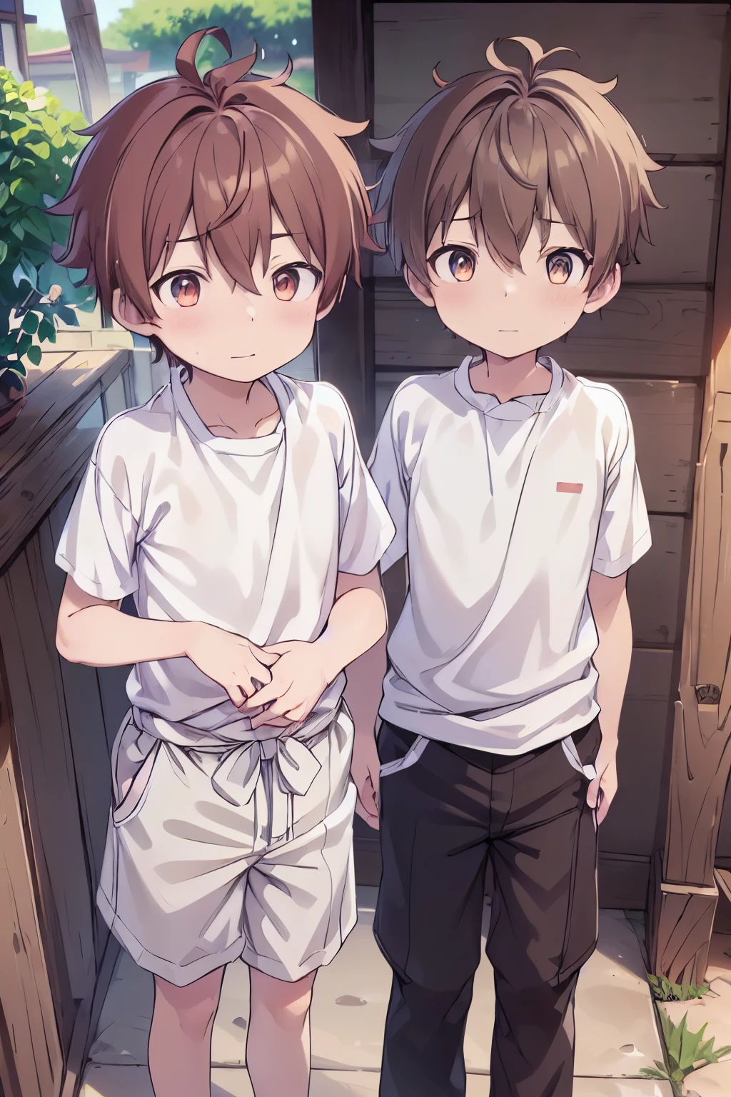 2boys, aoi, masterpiece, ultra detail, male focus, soccer shirt, adorable captivating, light brown hair , red eyes , white albine skin, japanese style, steam smork, japan style, anime coloring, shy, home muji style, detailed face, white towel on waist,white silk, outdoor, sweat, 