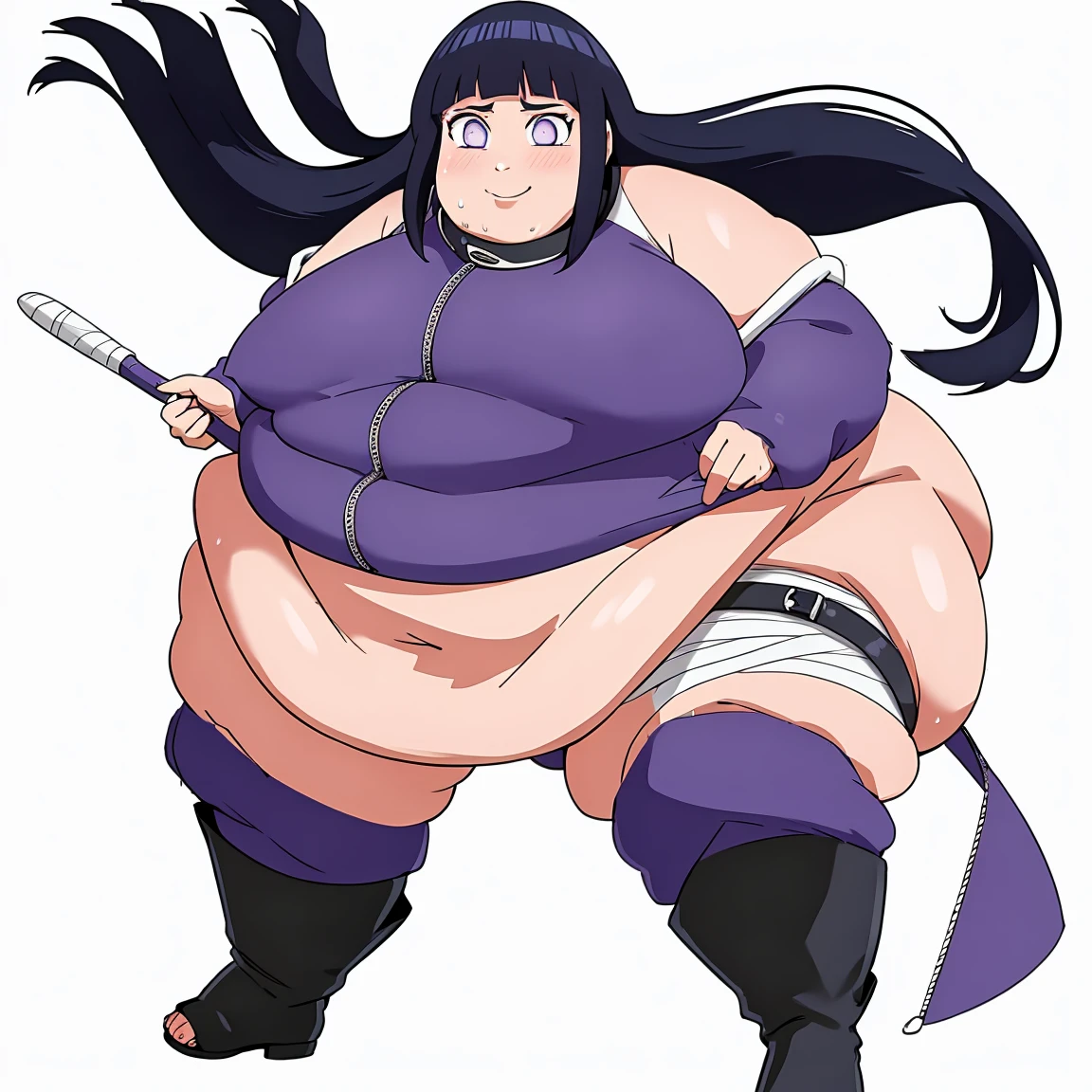 masterpiece,best quality,extreme detail, 8k,white background,obese hinata, obese 1girl,solo,long hair,looking at viewer,simple background,black hair, thighhighs, white background, standing, purple eyes,==boots,bandages,knee boots,toeless footwear, obese body, cowboy_shot, middle_body,large breats, wide hips, ultra detailed, perfect eyes, perfect face, shy expression, happy, slob body