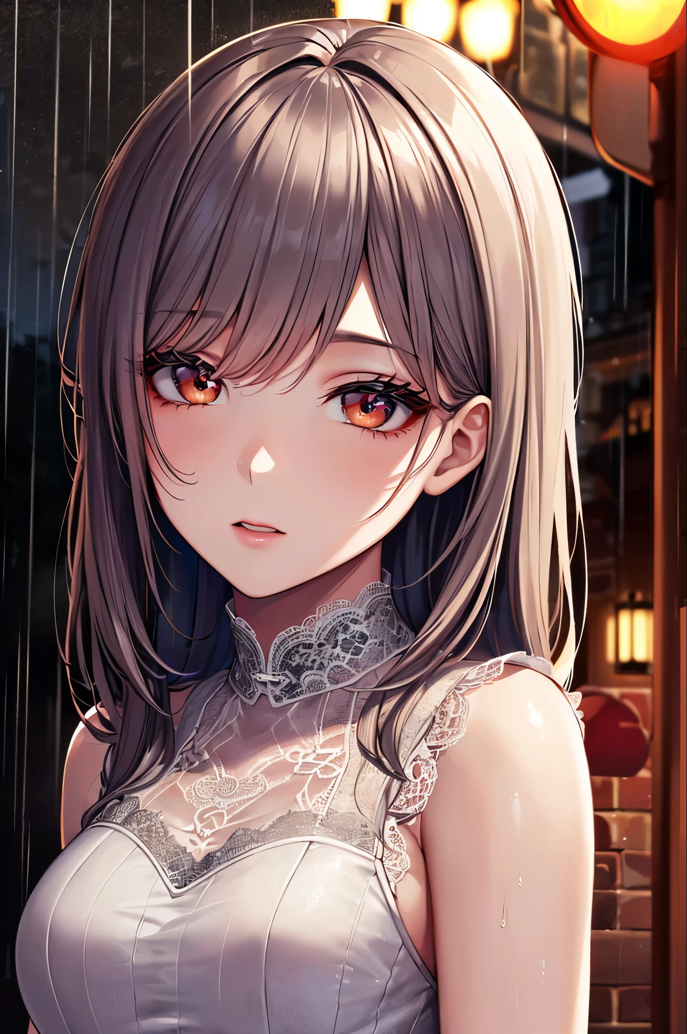 ((highest quality, 8k, lace maxi dress, Standing in the rain, Red Light District, Highly detailed face and skin texture, Fine grain, double eyelid.)
