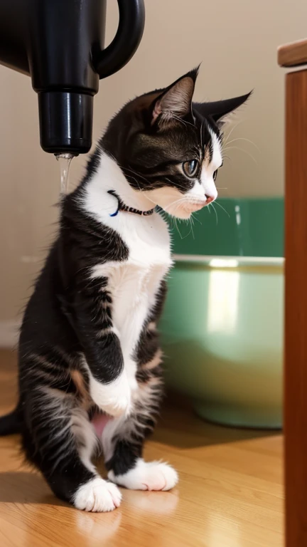 A little cute kitten stands up and puts his mouth to a water bowl tank to drink water,Side view,