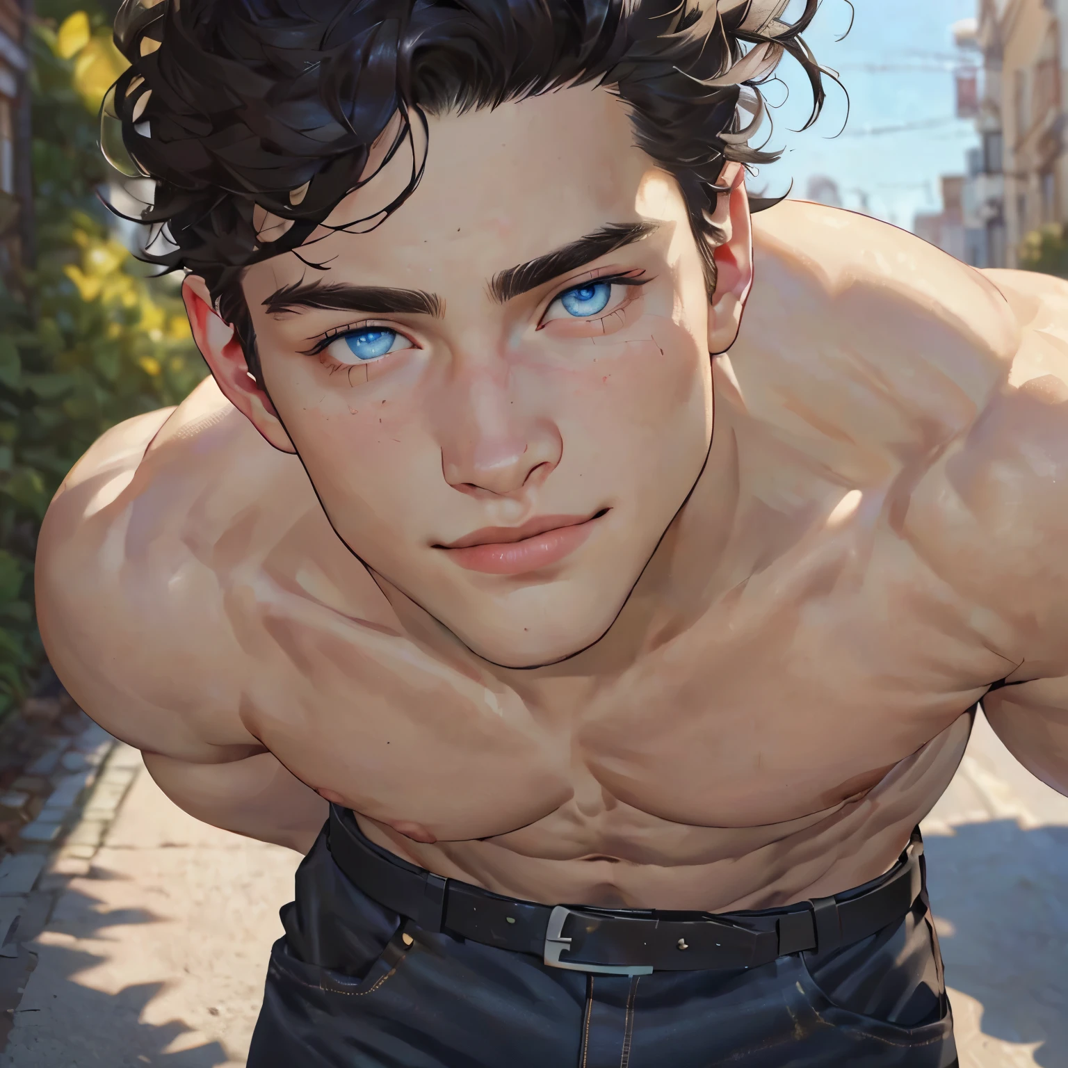 ((the best quality)), ((Masterpiece)), (details), perfect face, high definition, Masterpiece,4k,details clearly, Handsome face, white skin, perfect body, male body, strong muscles, abdomen, blue eyes, white skin, The most handsome man in the world, handsome, The coolest face, Male characters, close image (1man, shirtless), young man, mischievous smile, Extremely muscular tall man, open your eyes ((detailed eyes)), huge, muscular body and Massive, bulging pecs, muscular abs, narrow waist, short hair, blue eyes, delicate big eyes, carefree expression, clear face, handsome (detailed face, perfect face) ((extremely realistic shadows, bodybuilding posture, human, ((22-year-old young man)), V shape, fashion, Shirtless, Sunlight, street lower pants, topless, close up look, CG sense, Textured skin, the best quality, Storytelling images, show Panty line, Show your abs, show arm muscle, Black hair, shining blue eyes, eyes contact, leather belt, Red cheeks, bright