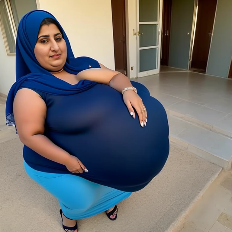 Extremely Hyperpregnant Iraqi woman with huge belly wearing a dress