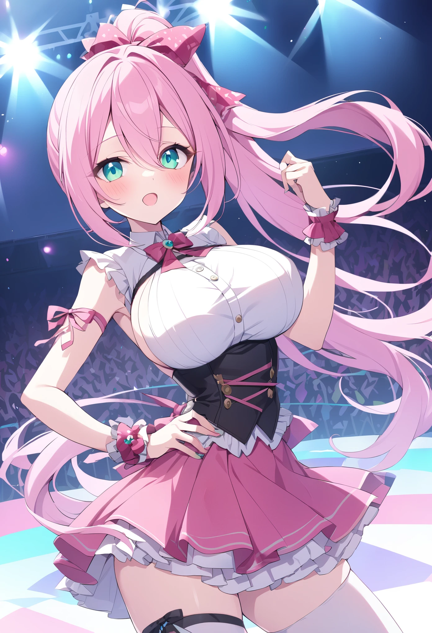 porom, pink hair, poneytail, AQUA eyes,, large breasts, live stage, solo