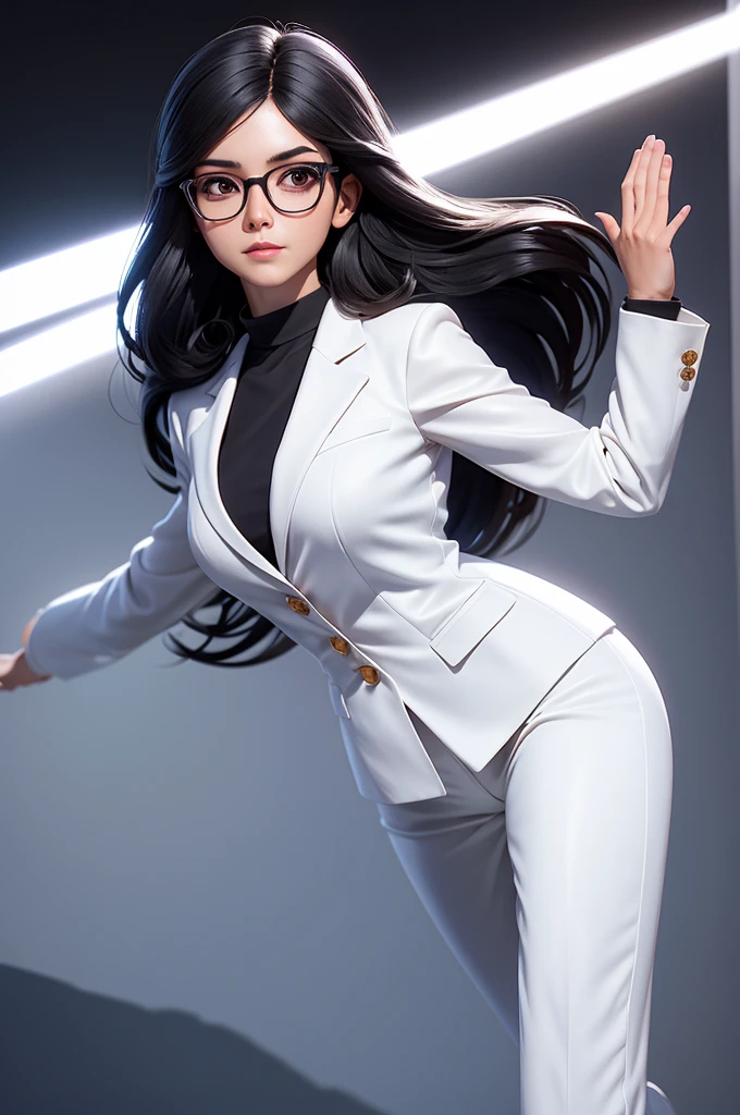 A woman in a white suit,Raise your hand,running,black medium length hair,(Background shadows)(Glasses),8 Appearance,super high quality