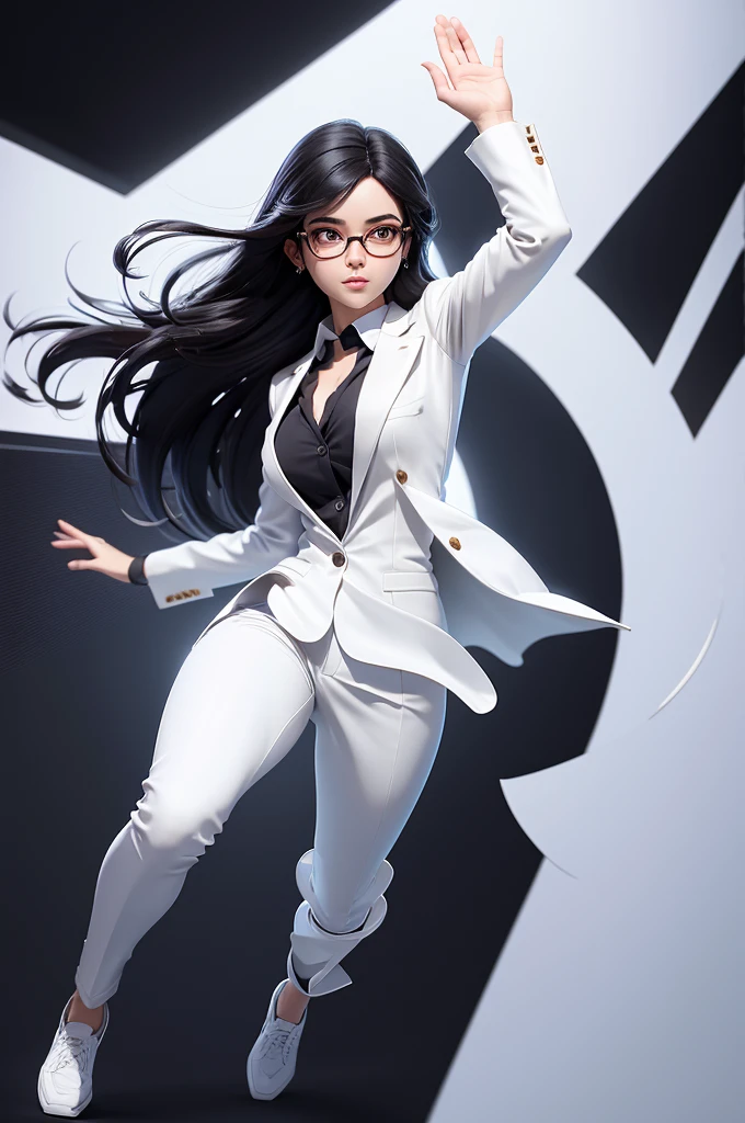 A woman in a white suit,Raise your hand,running,black medium length hair,(Background shadows)(Glasses),8 Appearance,super high quality