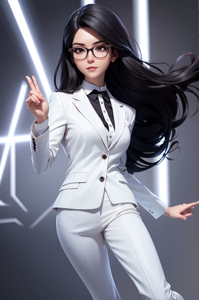 A woman in a white suit,Raise your hand,running,black medium length hair,(Background shadows)(Glasses),8 Appearance,super high quality