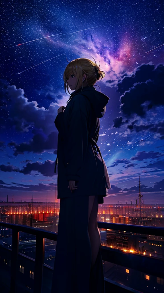 １people々々々々々々々々々々々々々々々々,Blonde long-haired woman，Hooded parka， Dress Silhouette， Rear View，Space Sky, comet, Anime Style, City night view from the rooftop，A pillar of light stretching into space，