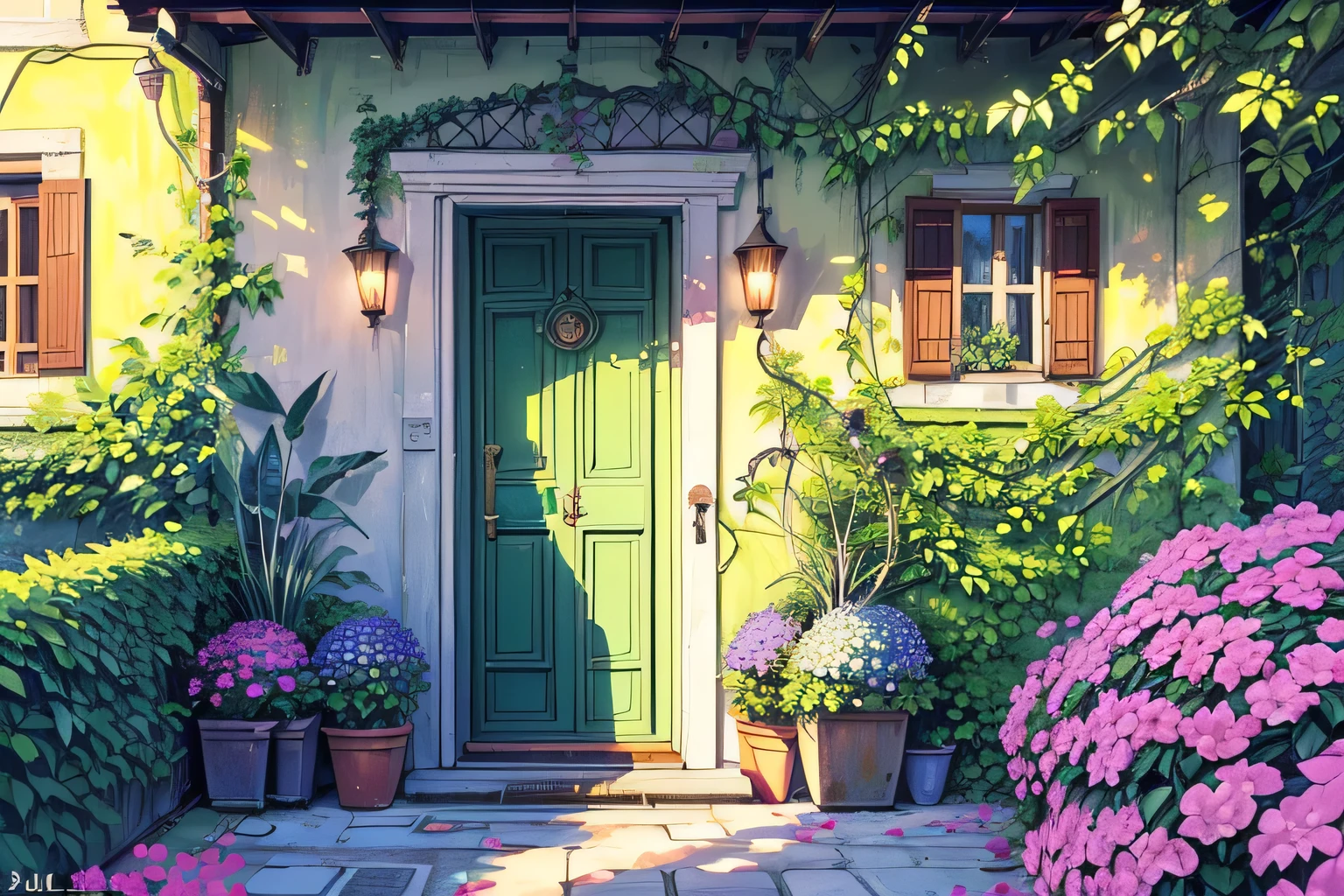 (masterpiece:1), (full view:1.5), (a charming cobblestone plant nursery street in Italy:1.6), (tropical flora:1.3), silent, (Vibrant bougainvillea spill over wrought-iron balconies:1.4), (Potted palms line the sidewalk:1.2), (Dim volumetric light:1.4), peaceful, (beautiful tones:1.5), (peaceful ambience :1.4), (calmness: 1.4), (Decorative terracotta pots overflowing with exotic blooms:1.3), (beautiful aesthetics:1.2), (Brightly painted shutters frame windows adorned with trailing vines:1.2), beautiful tones, subtle colors, peaceful, (illustration: 1.0), epic composition, realistic lighting, HD details, masterpiece, best quality, , (no human:1.7), ((Door focus)), ((((door closes)))),