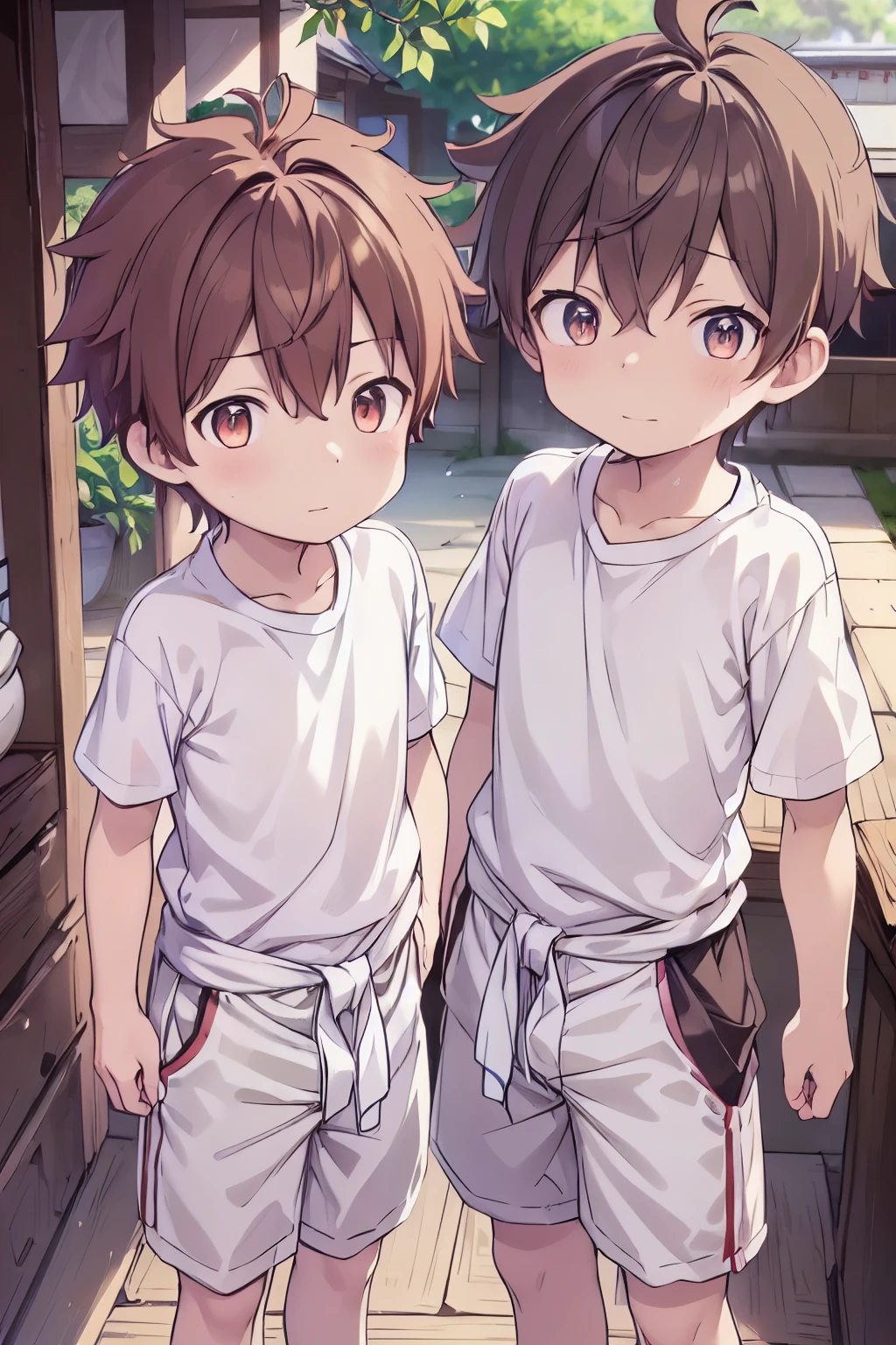 2boys, aoi, masterpiece, ultra detail, male focus, soccer shirt, adorable captivating, light brown hair , red eyes , white albine skin, japanese style, steam smork, japan style, anime coloring, shy, home muji style, detailed face, white towel on waist,white silk, outdoor, sweat, 