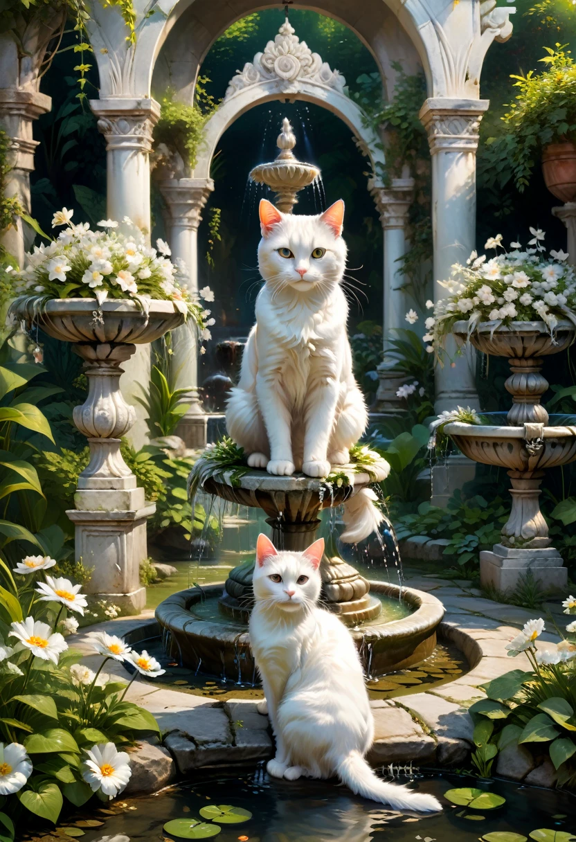a Girl with Cat in forgotten garden. A white cat led her through the flowers to a fountain, where they enjoyed the tranquility and beauty together, (masterpiece, best quality, Professional, perfect composition, very aesthetic, absurdres, ultra-detailed, intricate details:1.3)