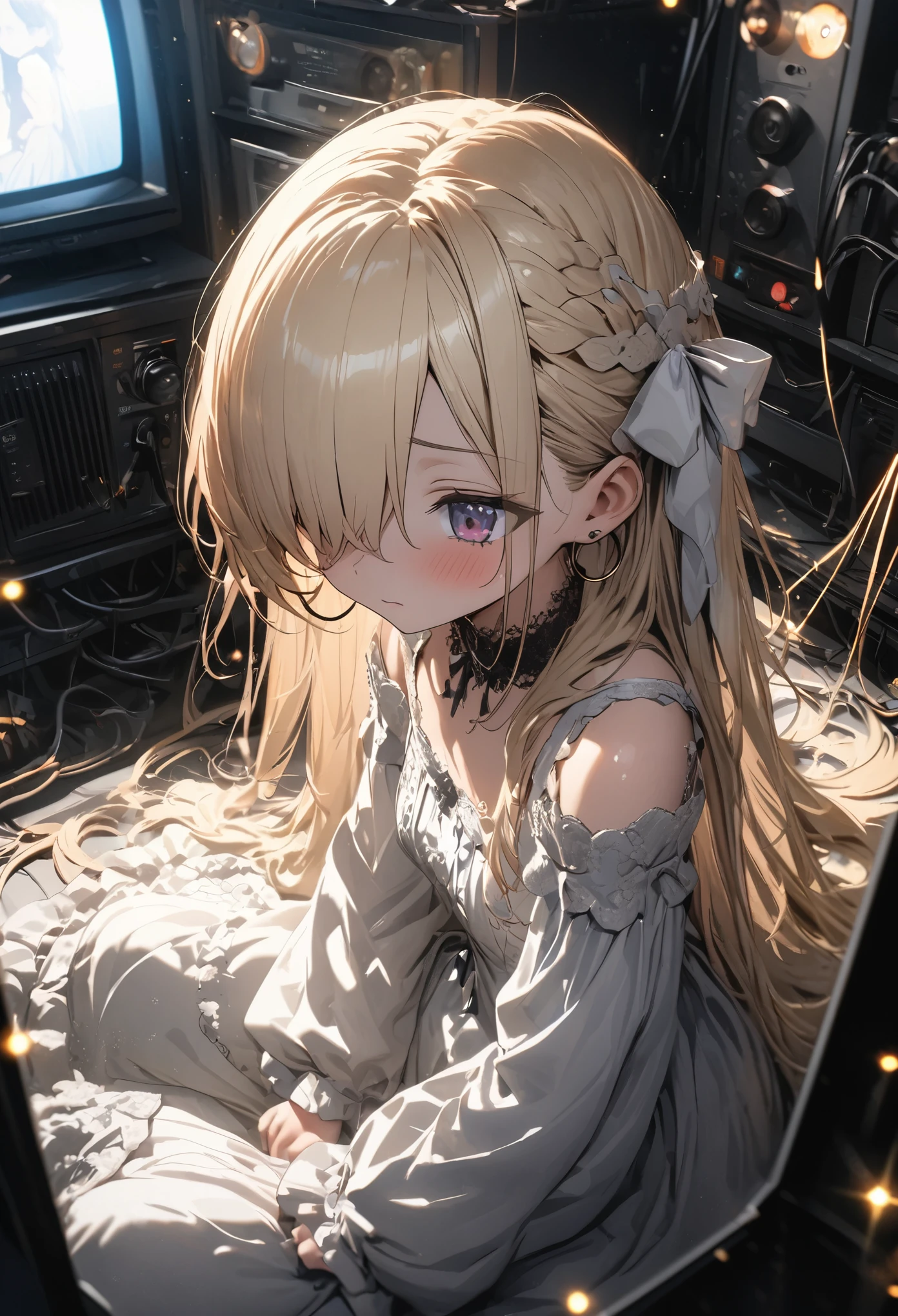 ((Masterpiece)), (Anime:1.3), ((best quality)), (Professional Photography:1.3), (super detail:1.2), (High Definition:1.3), (12 years old), 8K, lens flare, wide shot, Textured skin, cinematic lighting, 1girl, ((Beautiful Gothic Lolita pure-white-Dresses)), (very hoop-dress), Luxury roses embroidery, cute innocent young girl, (hair over one eye), Slender and small breasts, (long silky blond hair), (gothic lolita makeup), beautiful hair, (anguished look), (cute sparkle), (Healthy body), ((Sitting on top of CRT television)), (in the Lots of bare wiring in dim room), Light particles, (sharp focus), (perfect light),