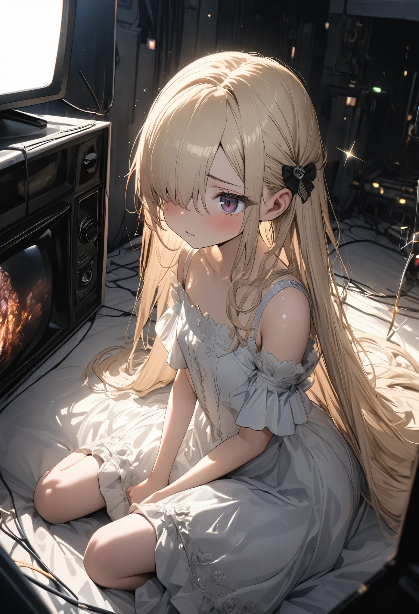 ((Masterpiece)), (Anime:1.3), ((best quality)), (Professional Photography:1.3), (super detail:1.2), (High Definition:1.3), (12 years old), 8K, lens flare, wide shot, Textured skin, cinematic lighting, 1girl, ((Beautiful Gothic Lolita pure-white-Dresses)), (very hoop-dress), Luxury roses embroidery, cute innocent young girl, (hair over one eye), Slender and small breasts, (long silky blond hair), (gothic lolita makeup), beautiful hair, (anguished look), (cute sparkle), (Healthy body), ((Sitting on top of CRT television)), (in the Lots of bare wiring in dim room), Light particles, (sharp focus), (perfect light),