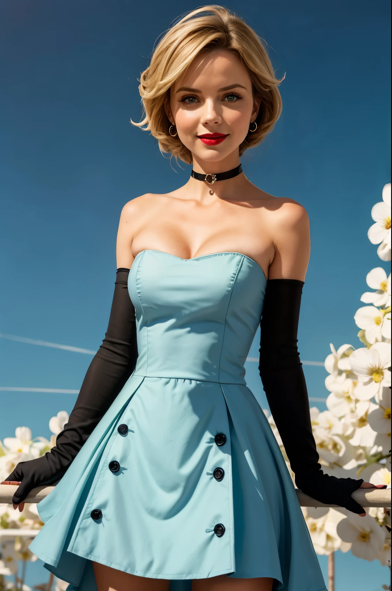 ingrid_timeskip, green eyes, light blue dress, strapless dress, long white elbow gloves, smile, light red lipstick, dark purple eye shadow, makeup, black choker, cowboy shot,  [Victoria Beckham], [[Kate Beckinsale]], [[[Jenna Coleman]]], [[[Alessandra Ambrosio]]], cleavage