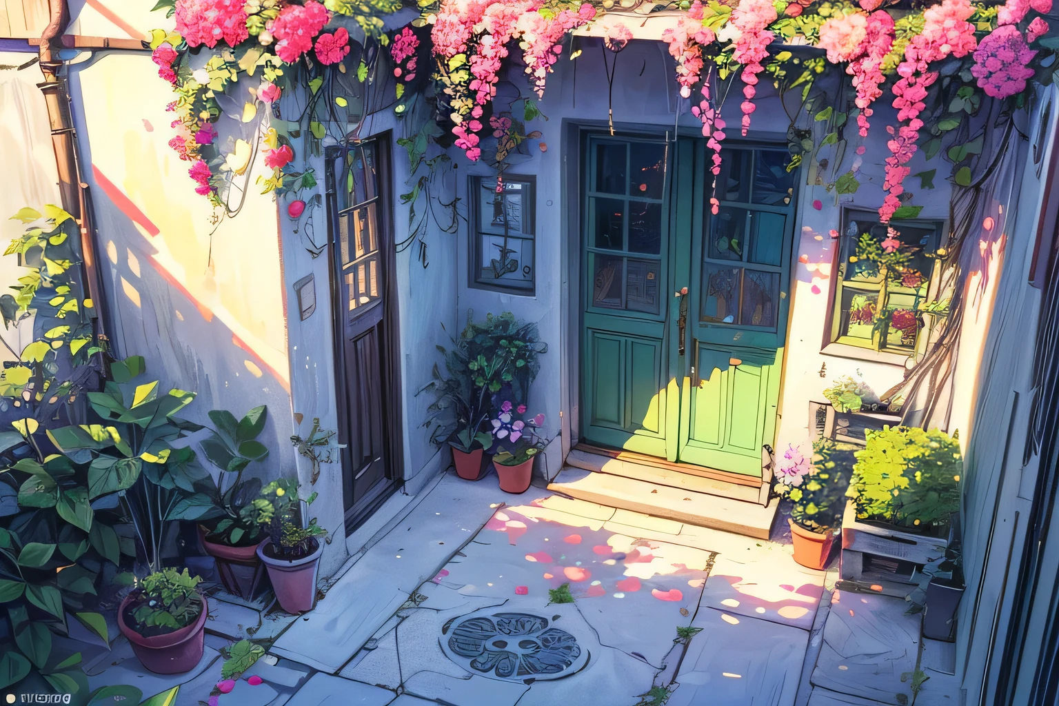 (masterpiece:1), (full view:1.5), (a charming cobblestone plant nursery street in Italy:1.6), (tropical flora:1.3), silent, (Vibrant bougainvillea spill over wrought-iron balconies:1.4), (Potted palms line the sidewalk:1.2), (Dim volumetric light:1.4), peaceful, (beautiful tones:1.5), (peaceful ambience :1.4), (calmness: 1.4), (Decorative terracotta pots overflowing with exotic blooms:1.3), (beautiful aesthetics:1.2), (Brightly painted shutters frame windows adorned with trailing vines:1.2), beautiful tones, subtle colors, peaceful, (illustration: 1.0), epic composition, realistic lighting, HD details, masterpiece, best quality, , (no human:1.7), ((Door focus)), ((((door closes)))), (((high angle)))