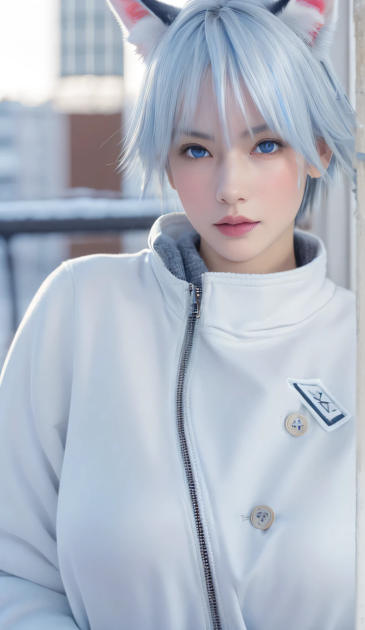 Shizuku, fox ear, best quality,masterpiece,8k wallpaper,absurdres, highres, ultra detailed, (1 young beautiful girl, solo:1.1),realistic,large breasts,blue eyes,(white hair:1.3),short hair,winter coat,buruma,BREAK
