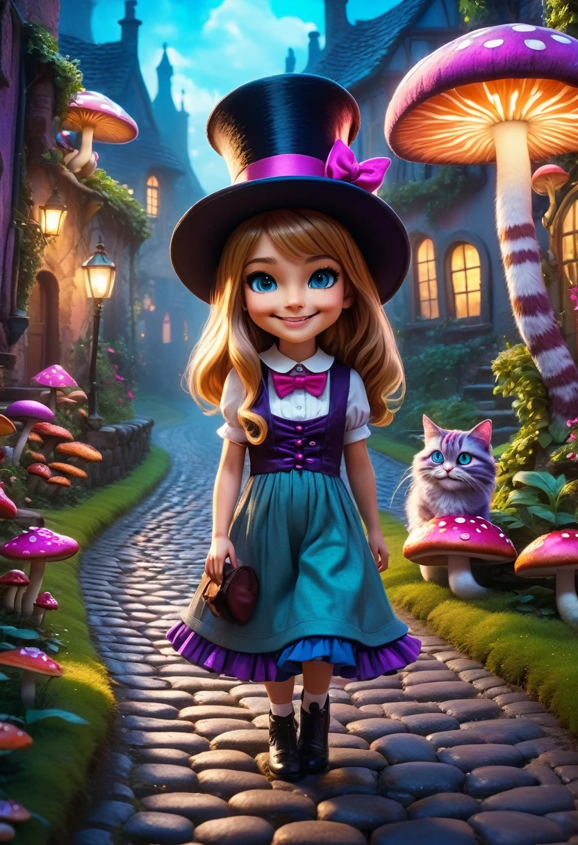 In a whimsical garden, Girl with Cat, a Cheshire cat wearing a top hat and smiling looks at A girl with long hair walking on a cobblestone road, floating mushrooms, surreal scenery, vibrant colors, cinematic lighting, dreamy atmosphere, highly detailed, 8k, realistic, masterpiece